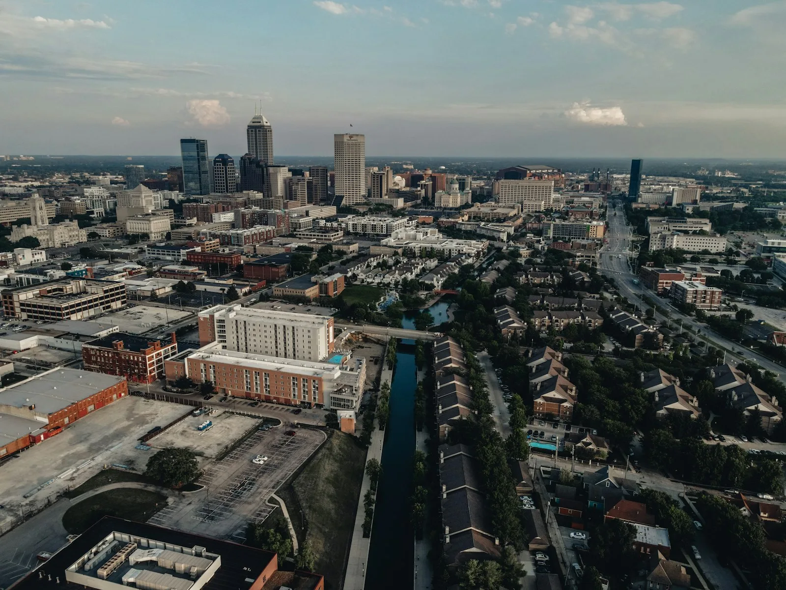 Aerial view of the Indianapolis canal and downtown skyline