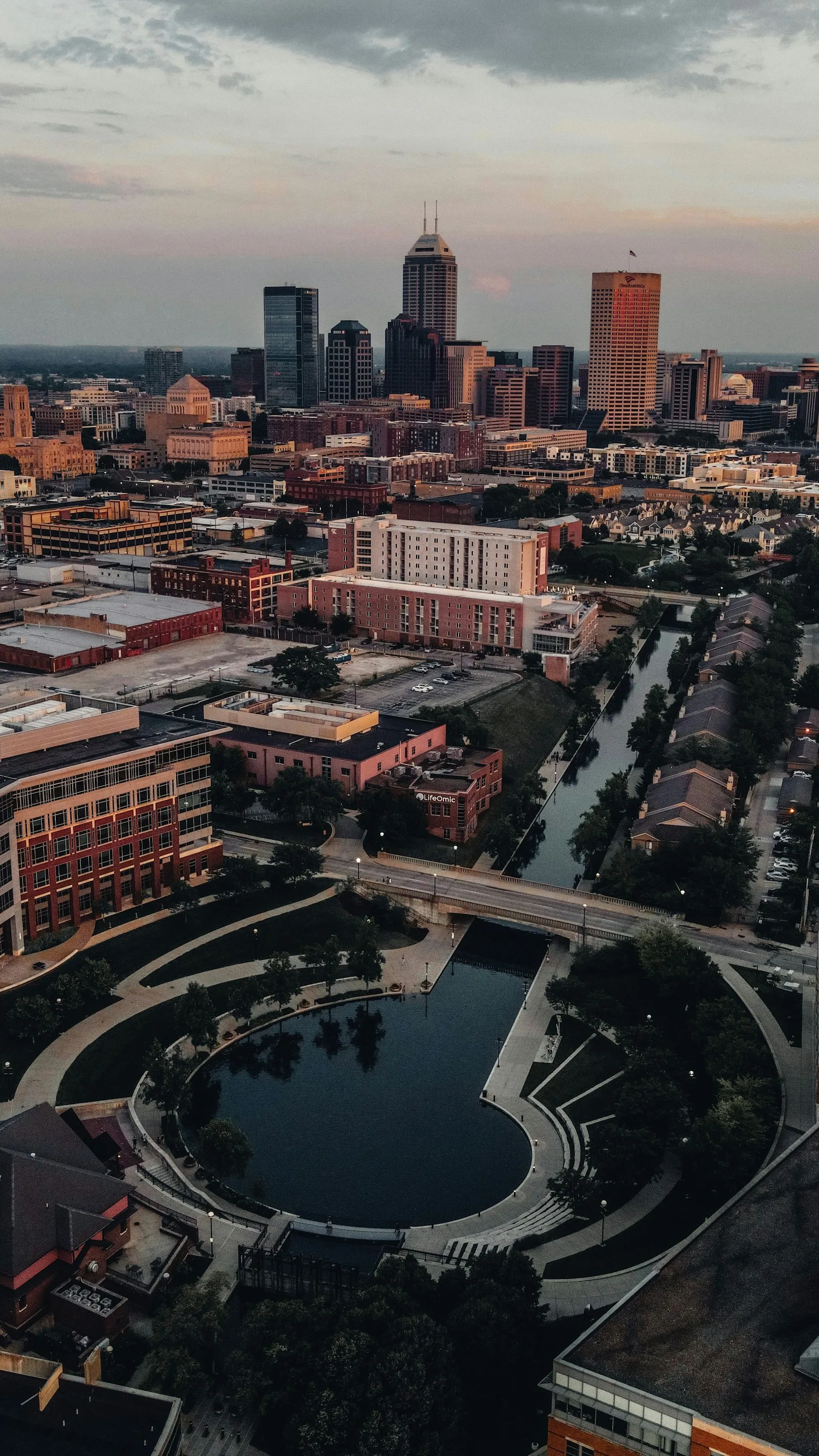Indianapolis skyline and canal walk at golden hour