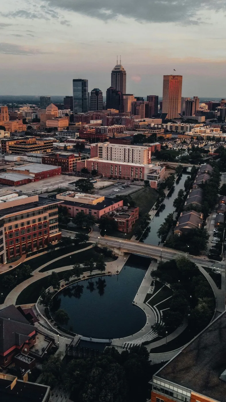 Indianapolis downtown skyline along the canal at dusk
