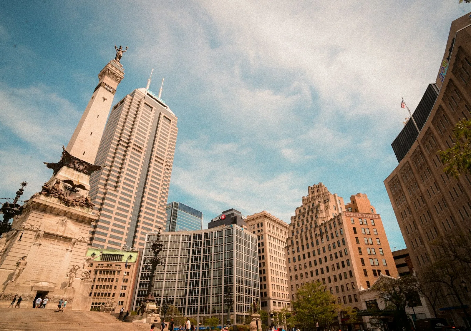 Downtown Indianapolis landmark and skyline under a blue sky