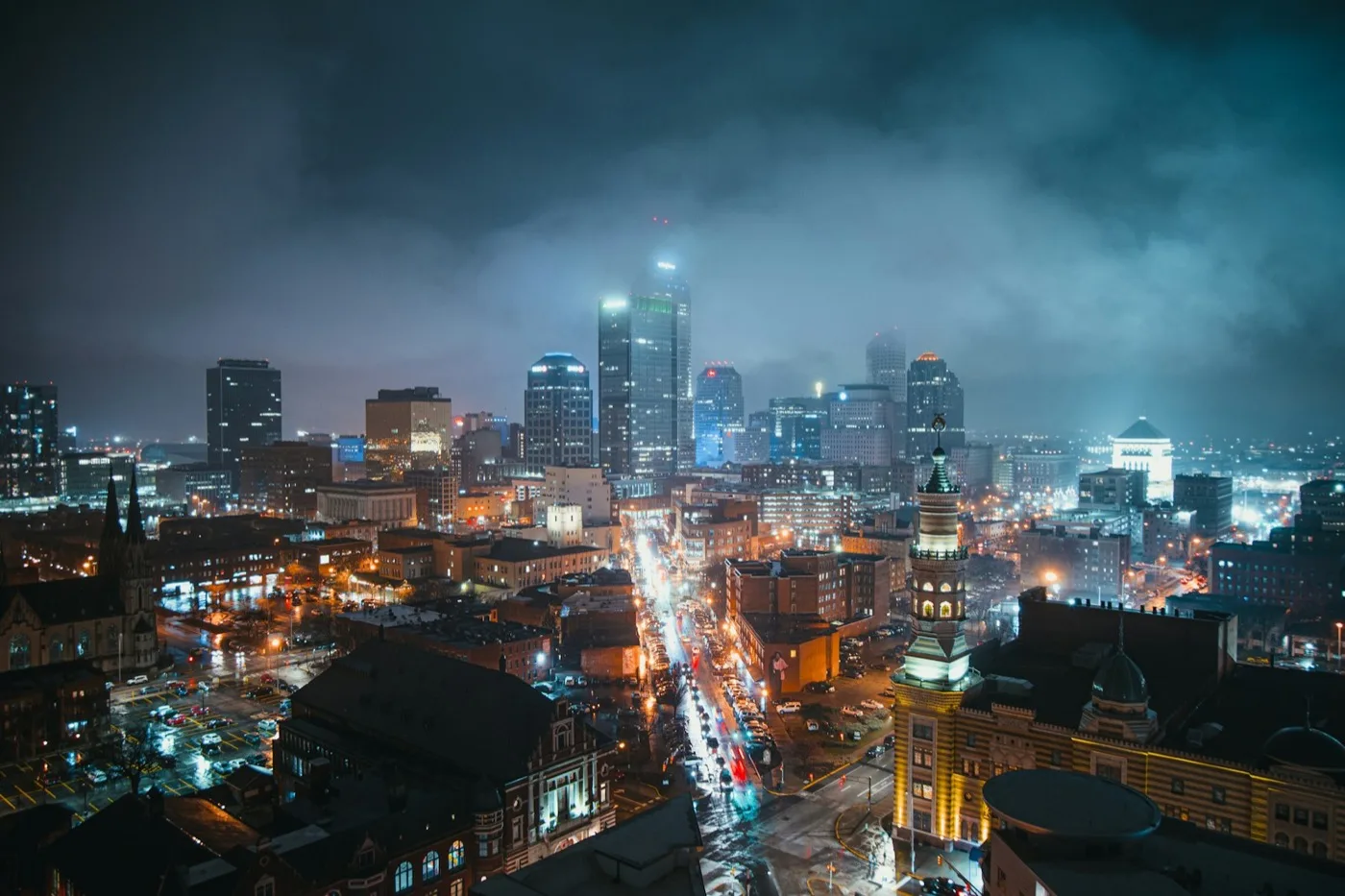 Indianapolis downtown skyline illuminated at dusk