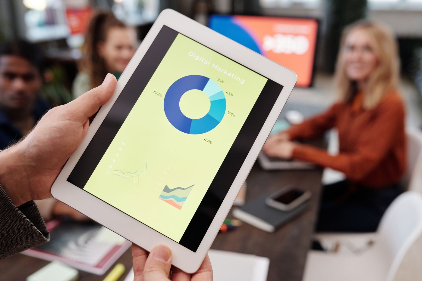Digital marketing analytics dashboard on a tablet