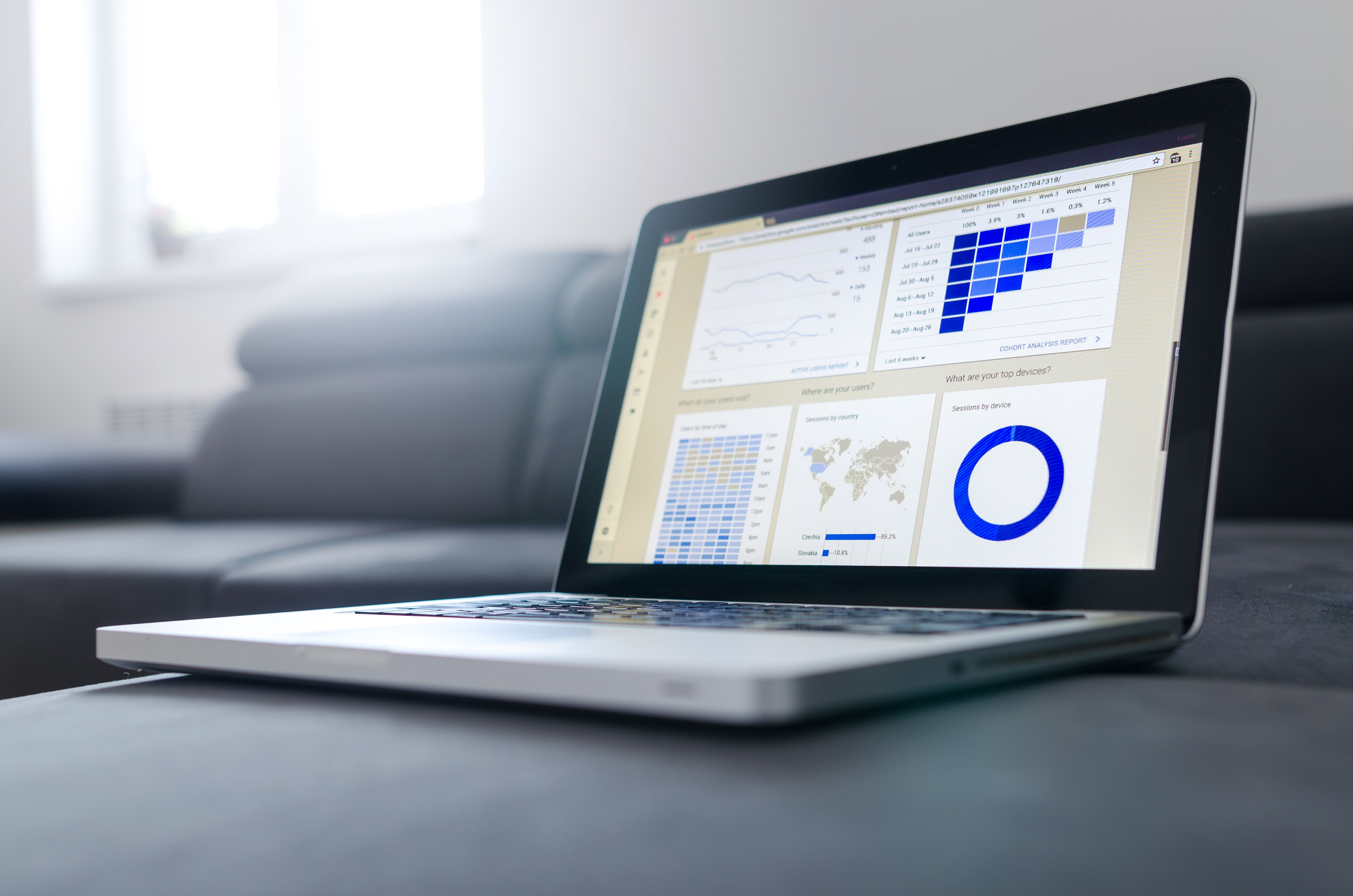 Laptop displaying analytics charts and graphs on screen