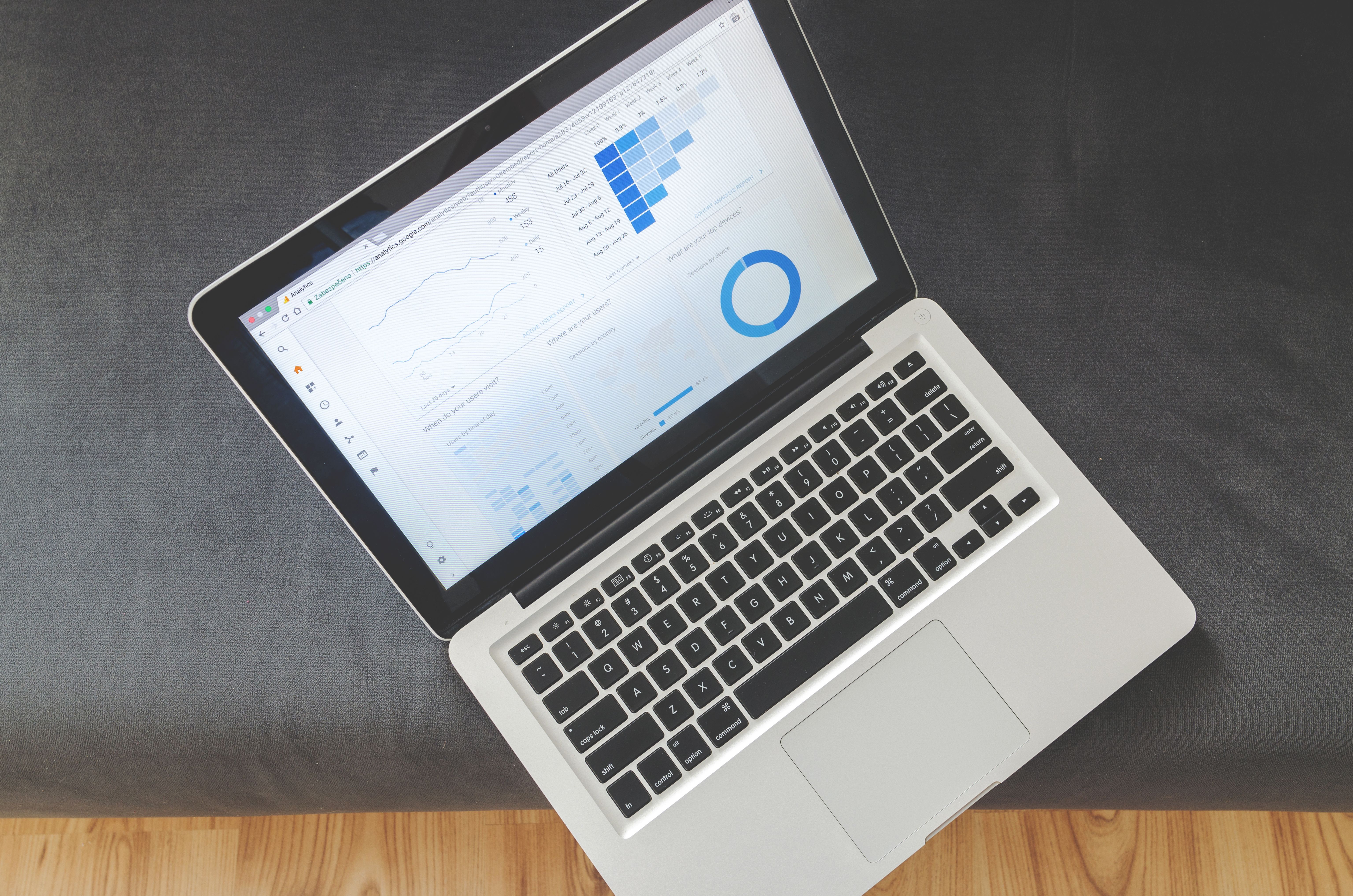 Overhead view of data visualizations on a laptop
