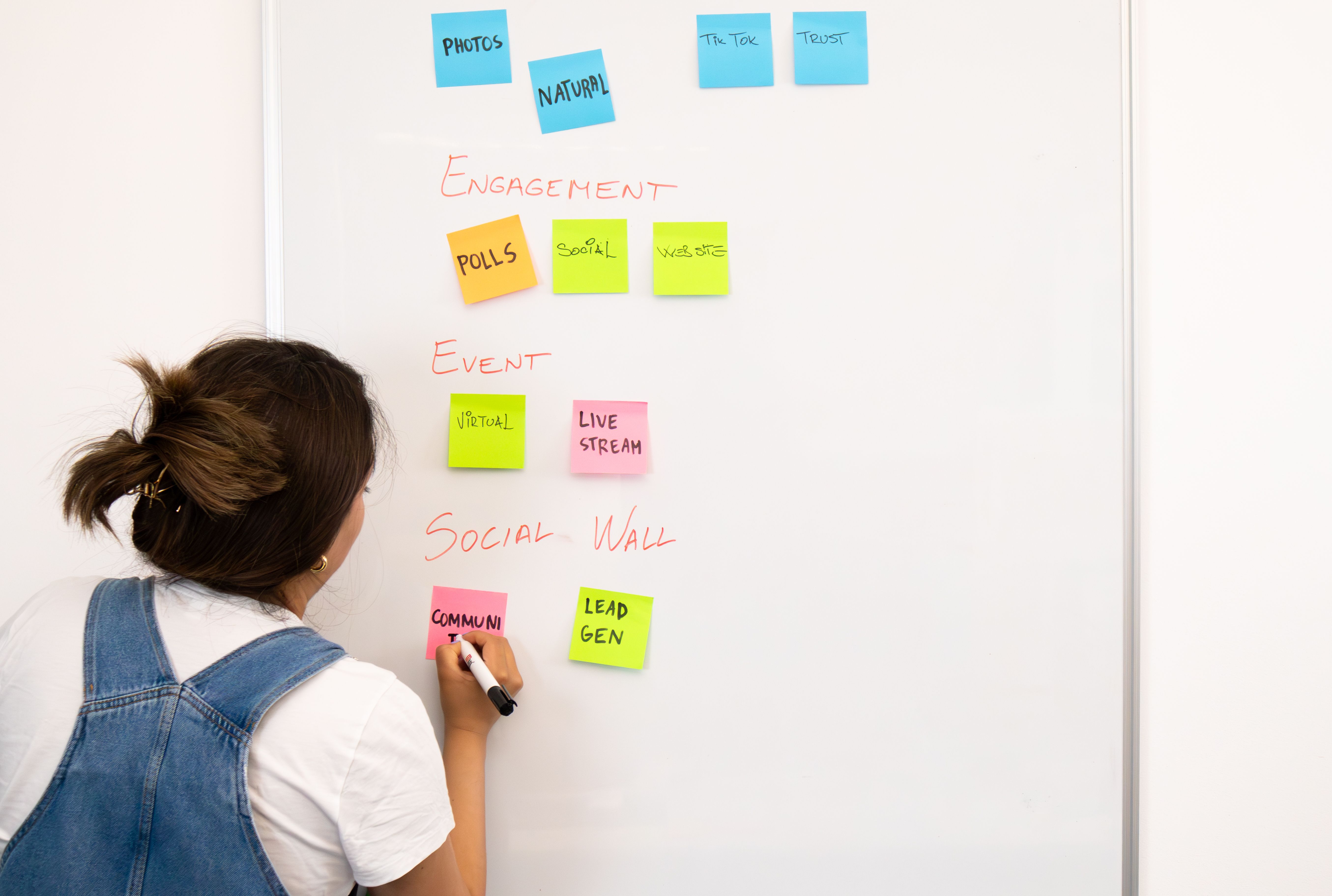 Strategist organizing sticky notes for campaign planning