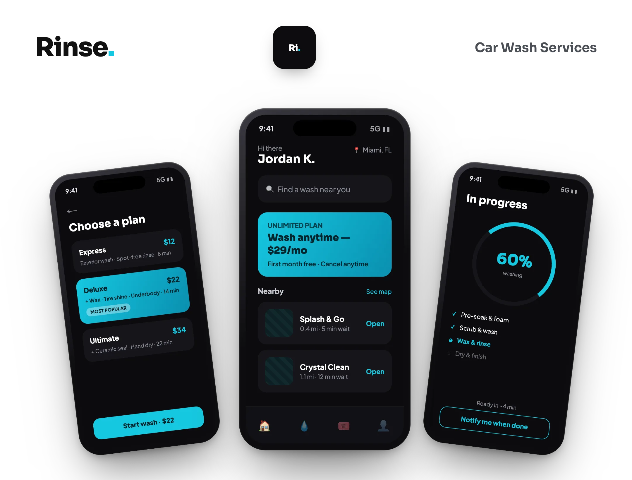 Rinse car wash app — wash plans, nearby locations, and in-progress wash tracking
