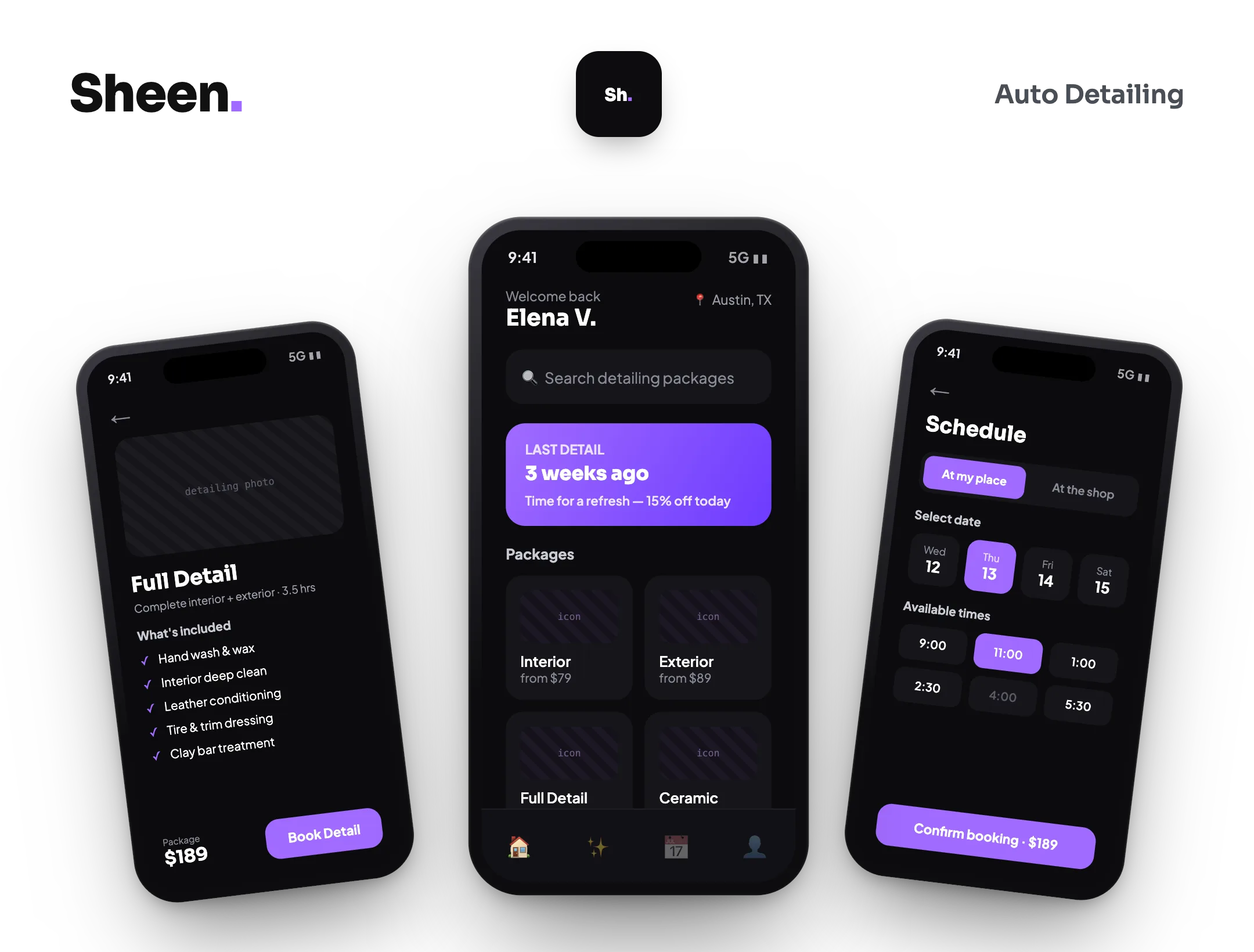 Sheen auto detailing app — packages, full detail booking, and mobile or shop scheduling