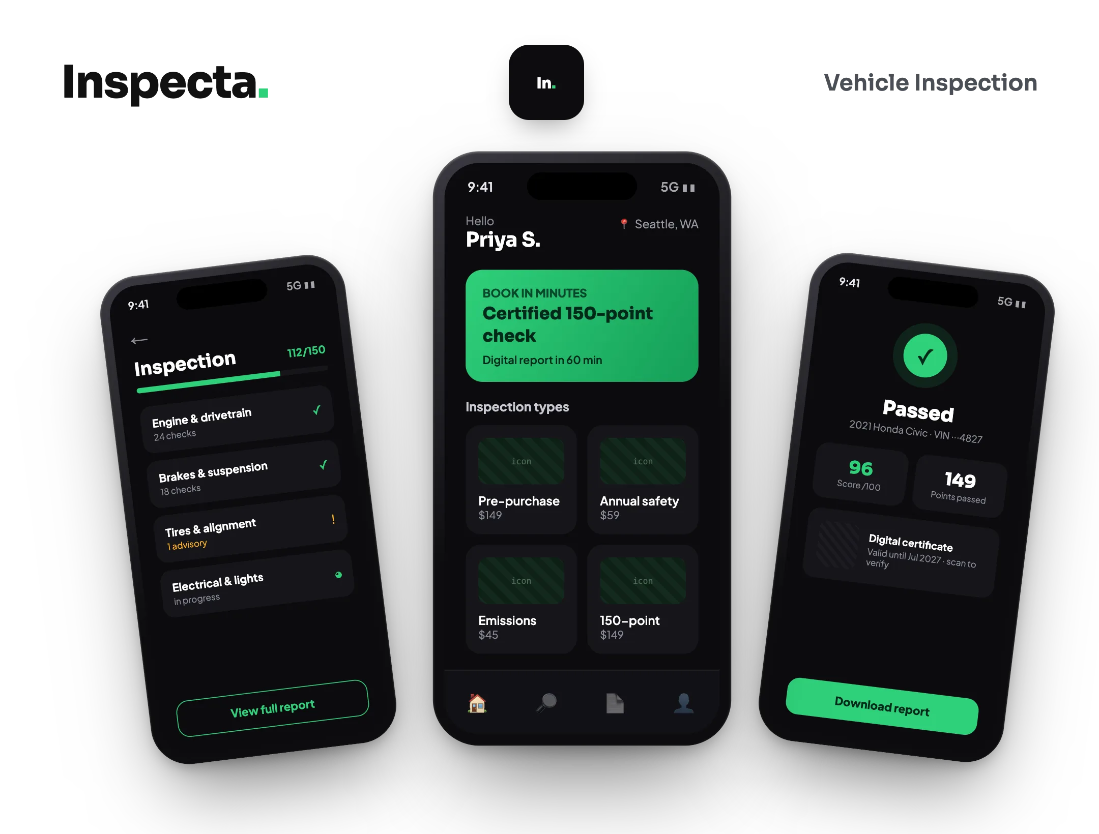 Inspecta vehicle inspection app — book 150-point checks, track progress, download digital reports