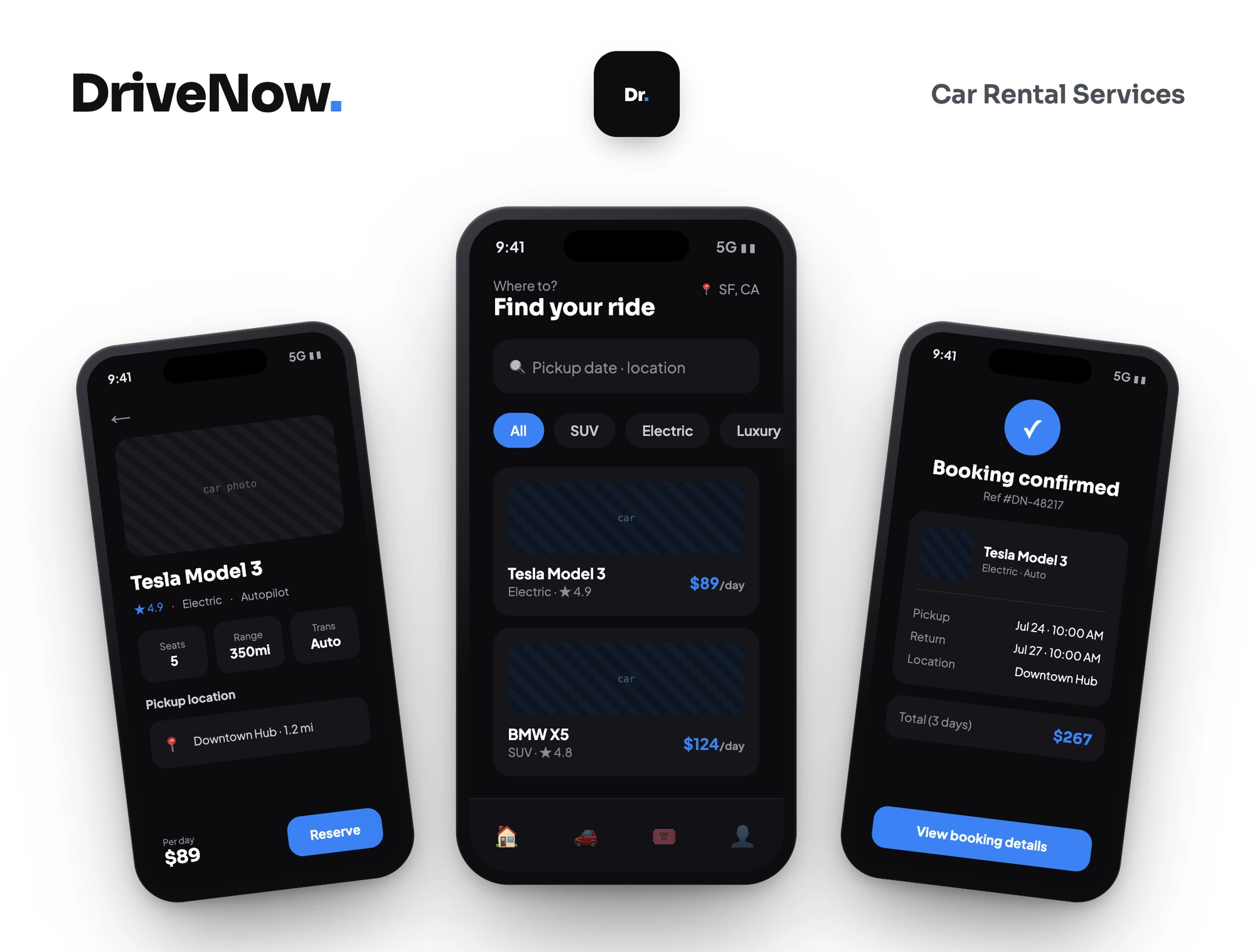 DriveNow car rental app — find your ride, reserve a vehicle, and confirm pickup details