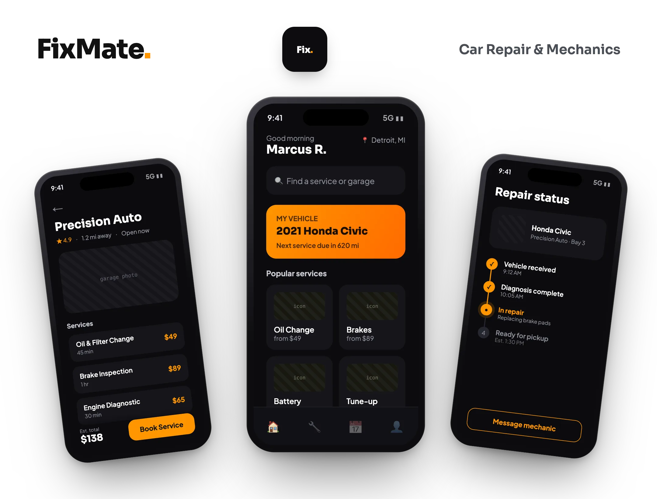 FixMate car repair and mechanics customer app screens — home, book service, and live repair status
