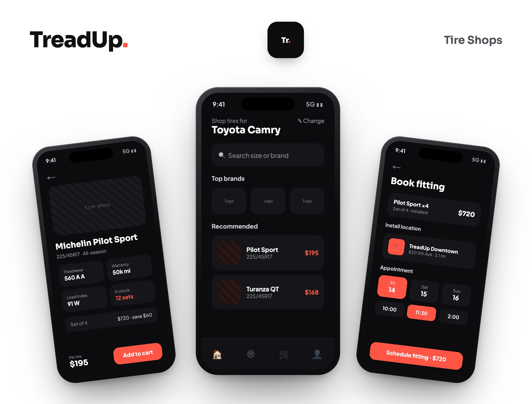TreadUp tire shop app — size search, brand catalog, and fitting appointment booking