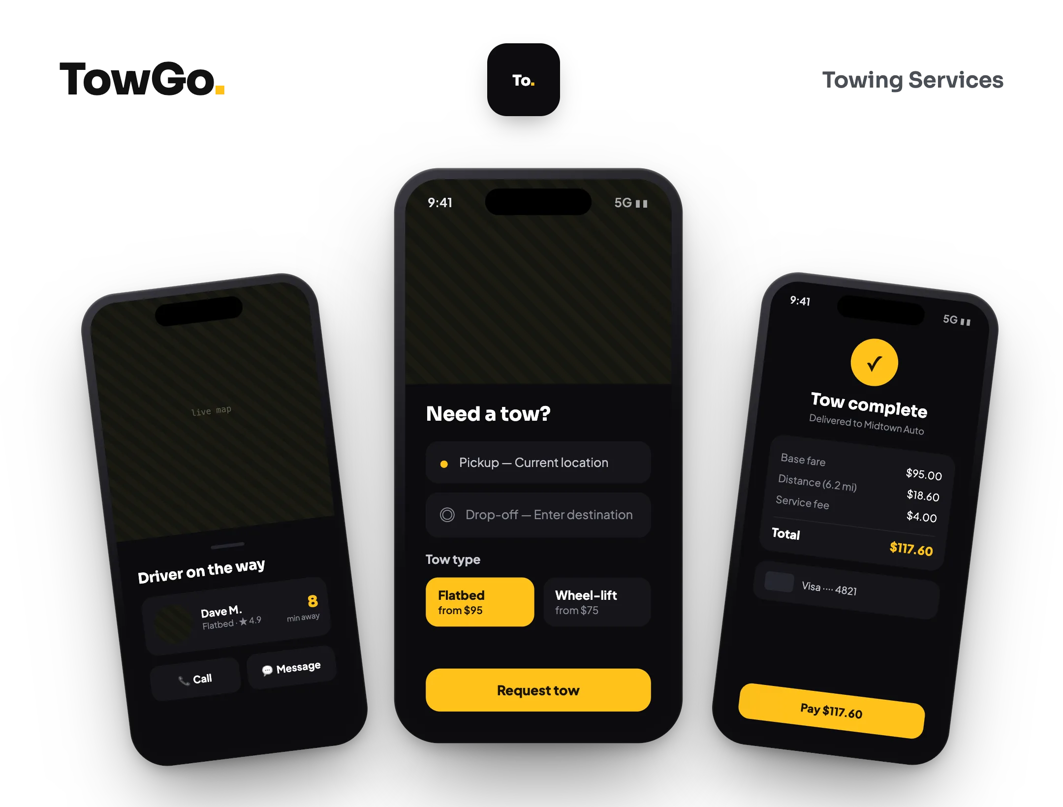 TowGo towing app — request flatbed or wheel-lift, live driver ETA, and pay on delivery