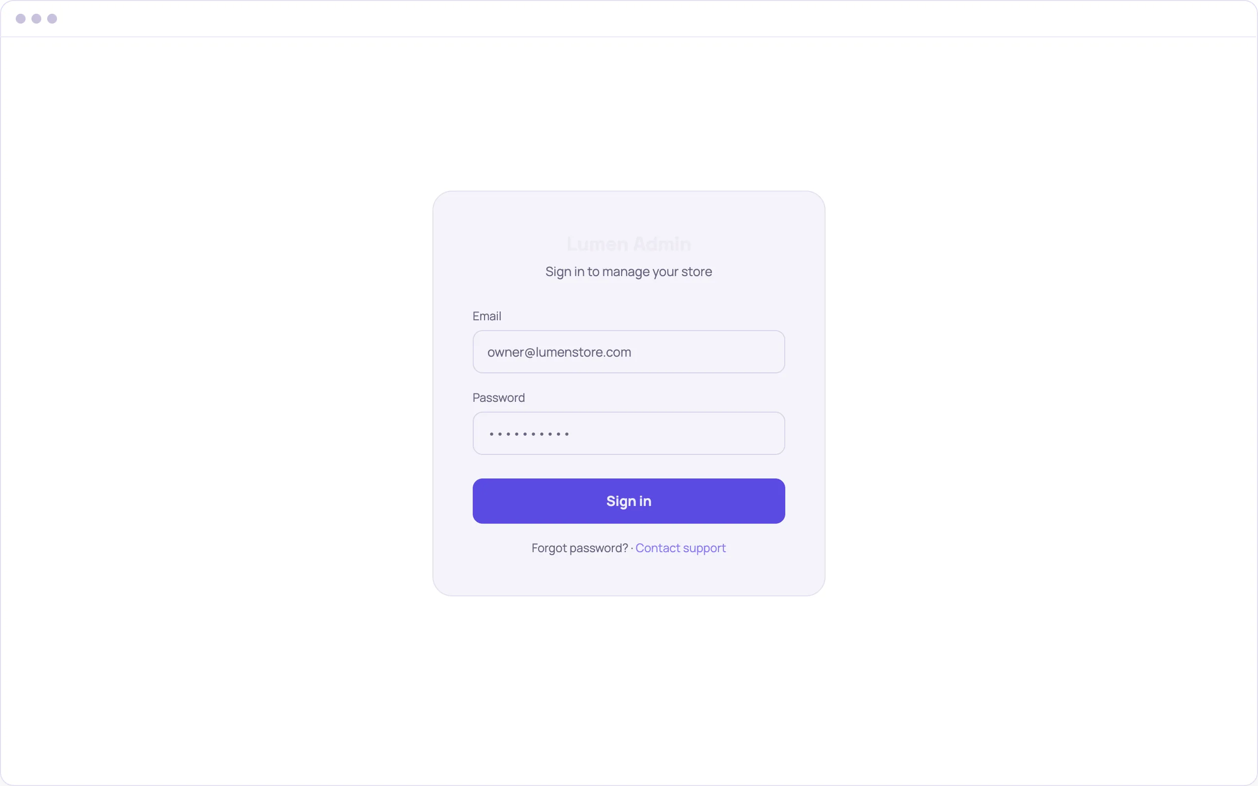 Ecommerce store admin login screen