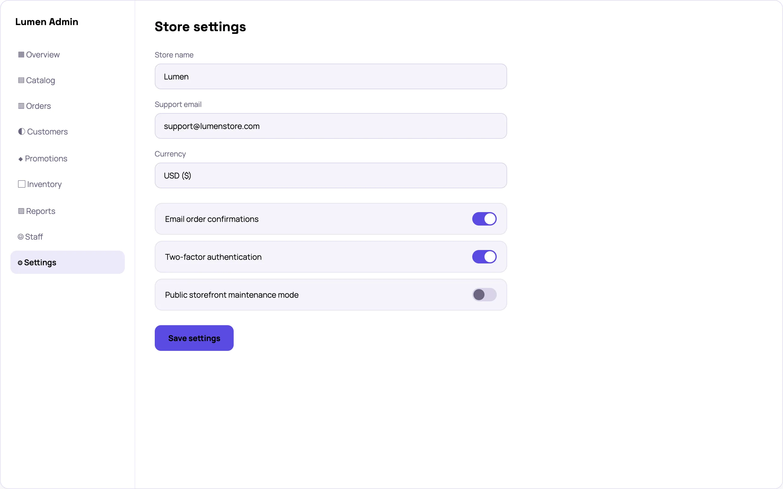 Ecommerce store admin settings screen