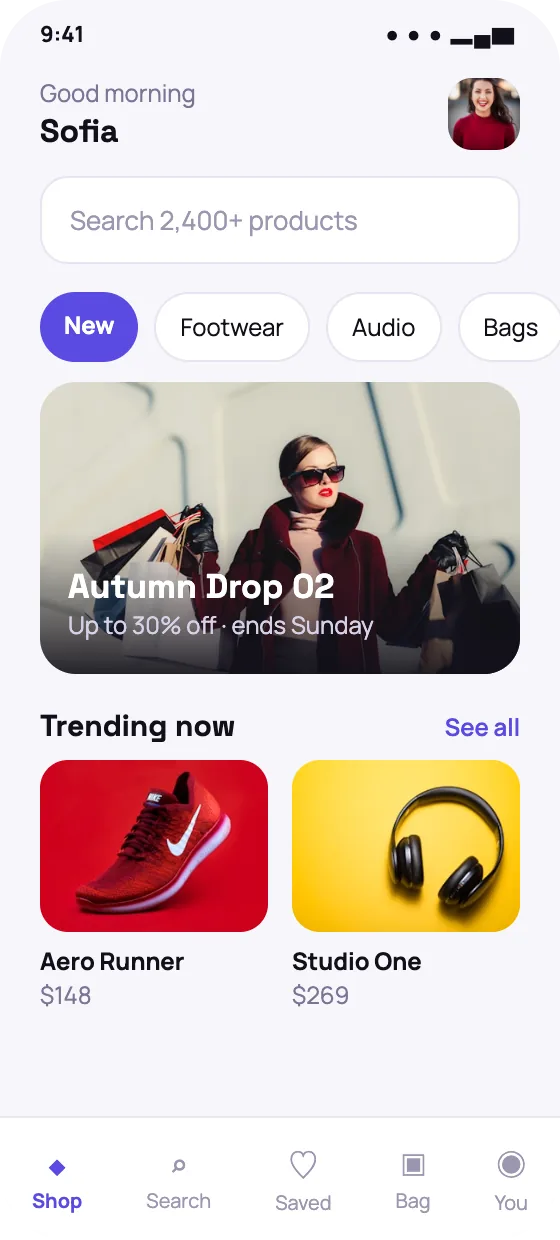 Ecommerce shopper app home with featured products