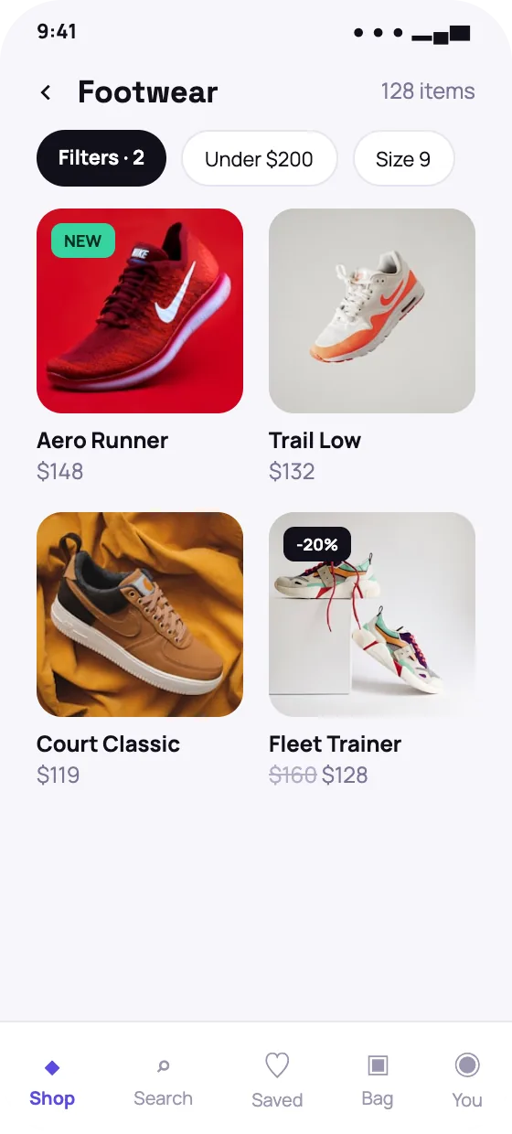 Ecommerce shopper app catalog listing screen