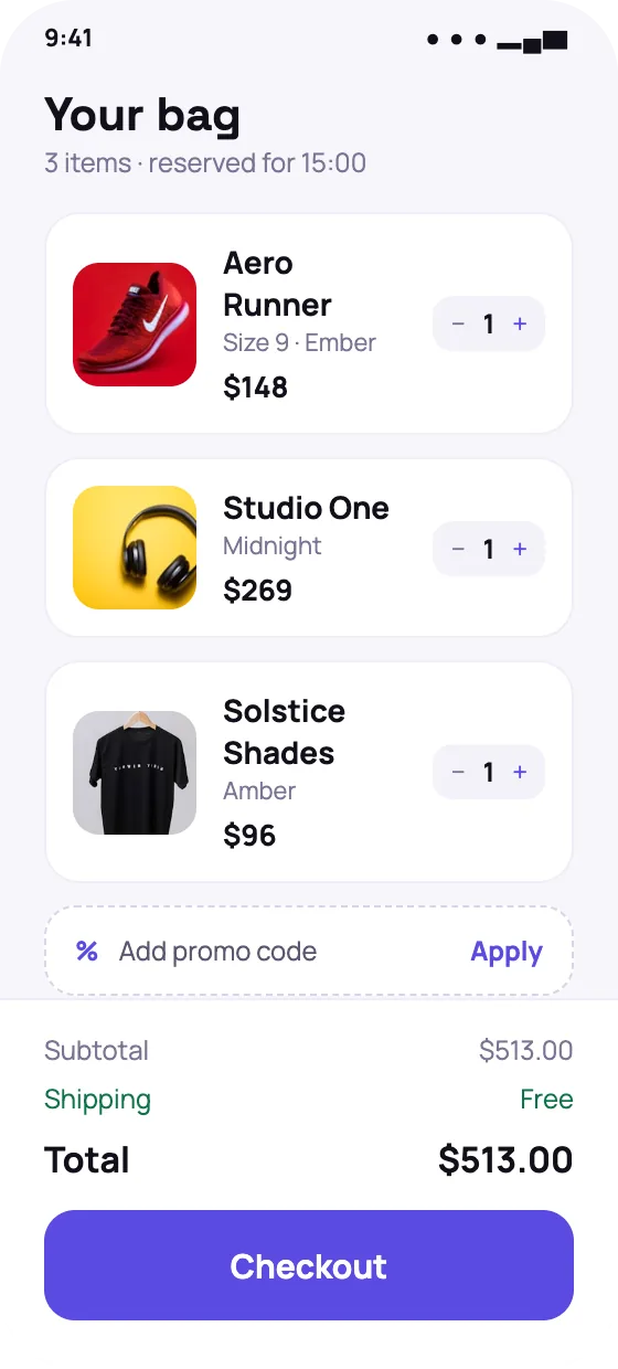 Ecommerce shopper app shopping bag screen