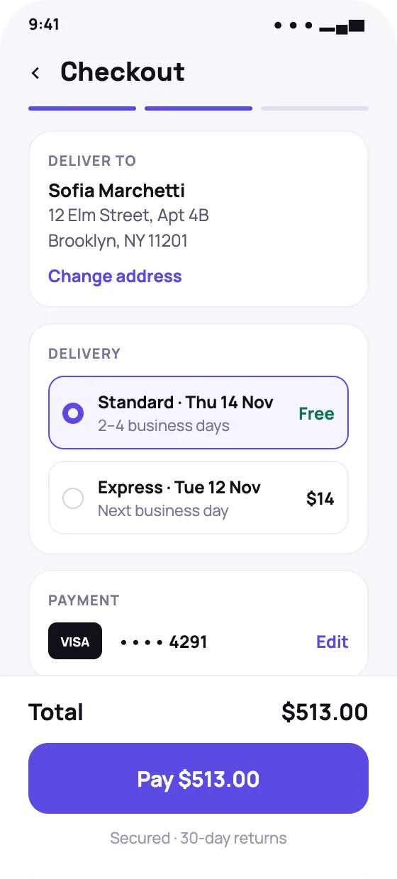 Ecommerce shopper app checkout screen