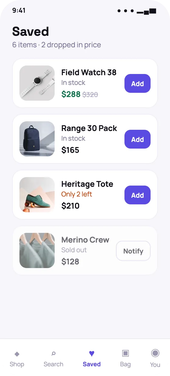 Ecommerce shopper app wishlist screen