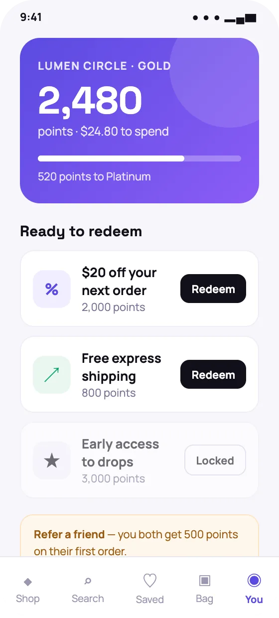 Ecommerce shopper app rewards screen