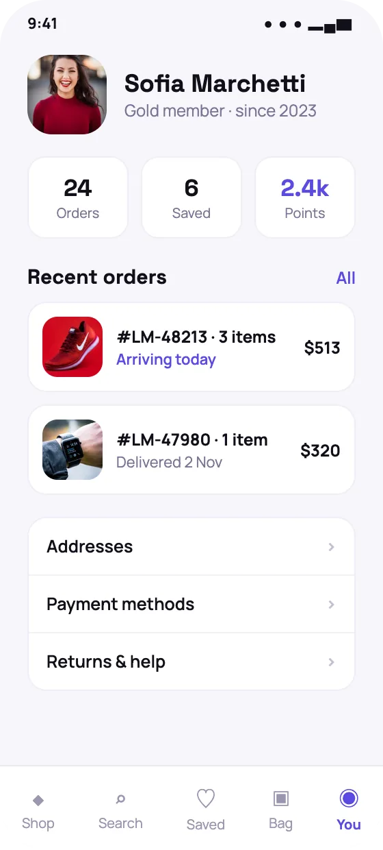 Ecommerce shopper app profile screen