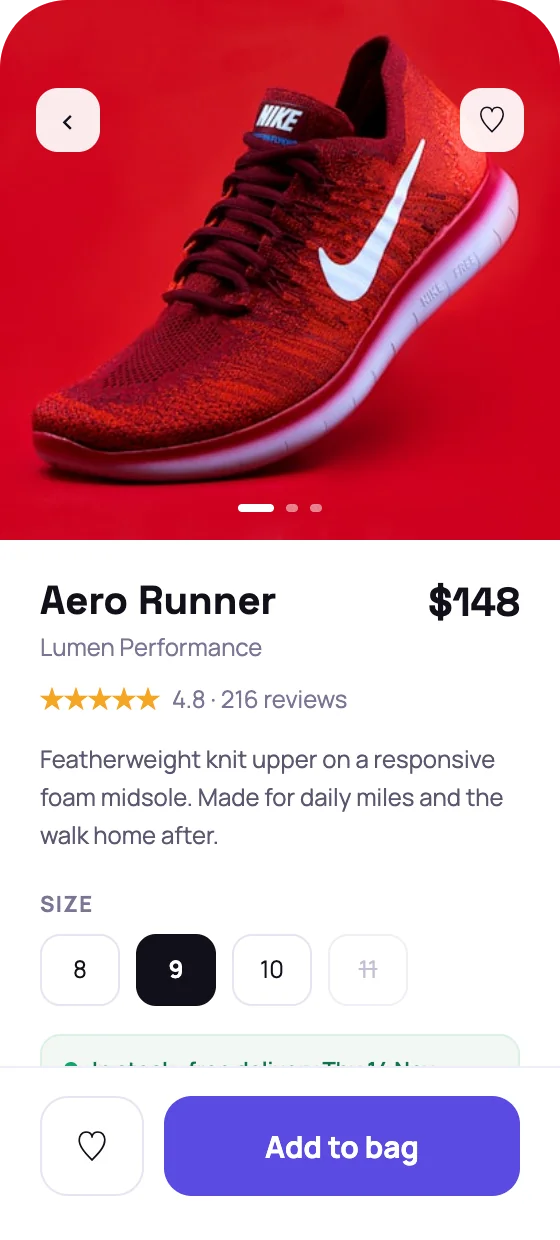Shopper app product detail — photos, price, and add to bag