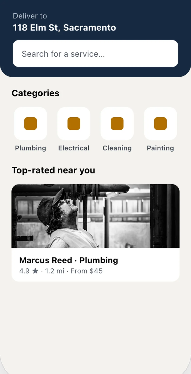 Customer app home screen with categories and top-rated providers