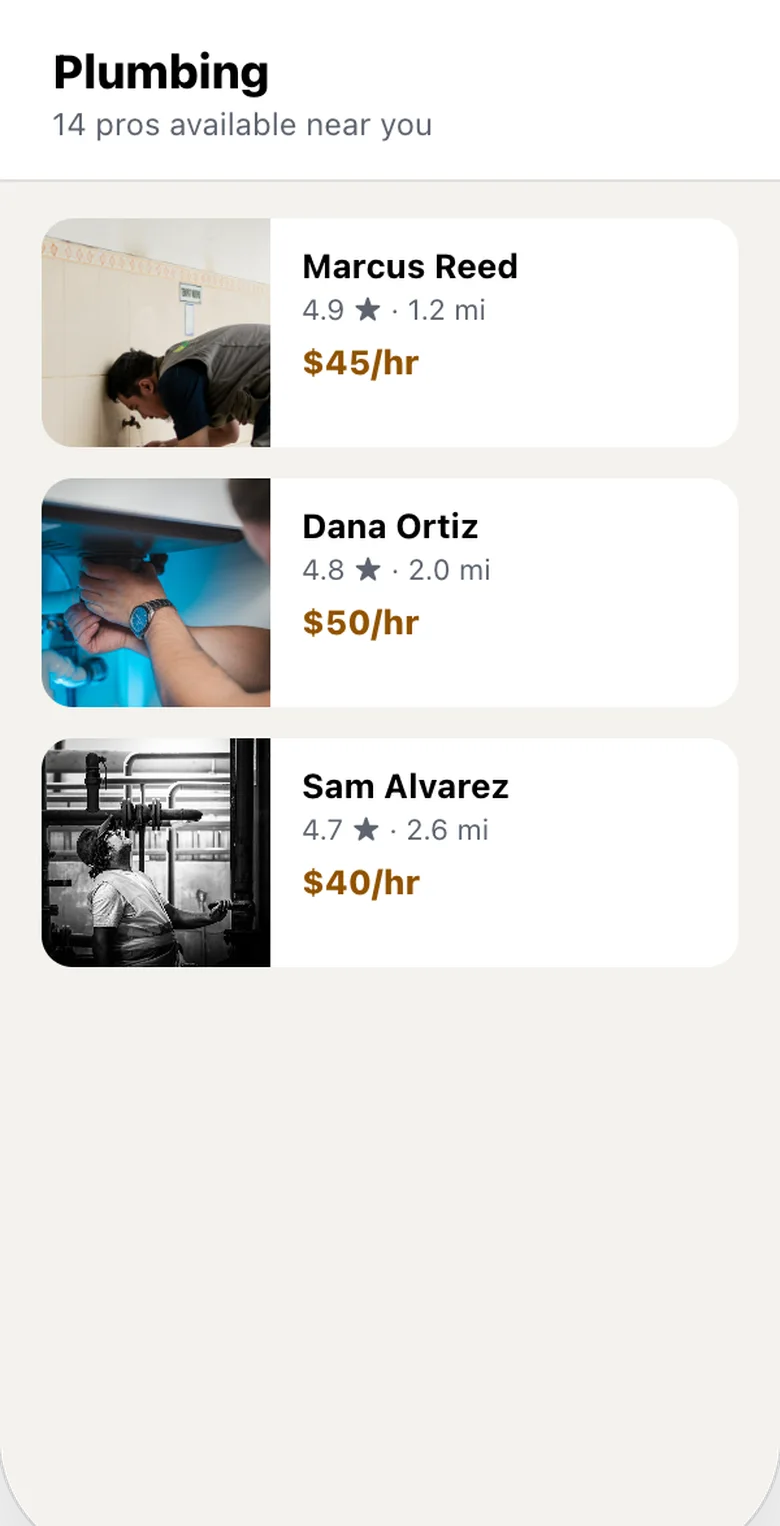 Customer app search results for home service providers