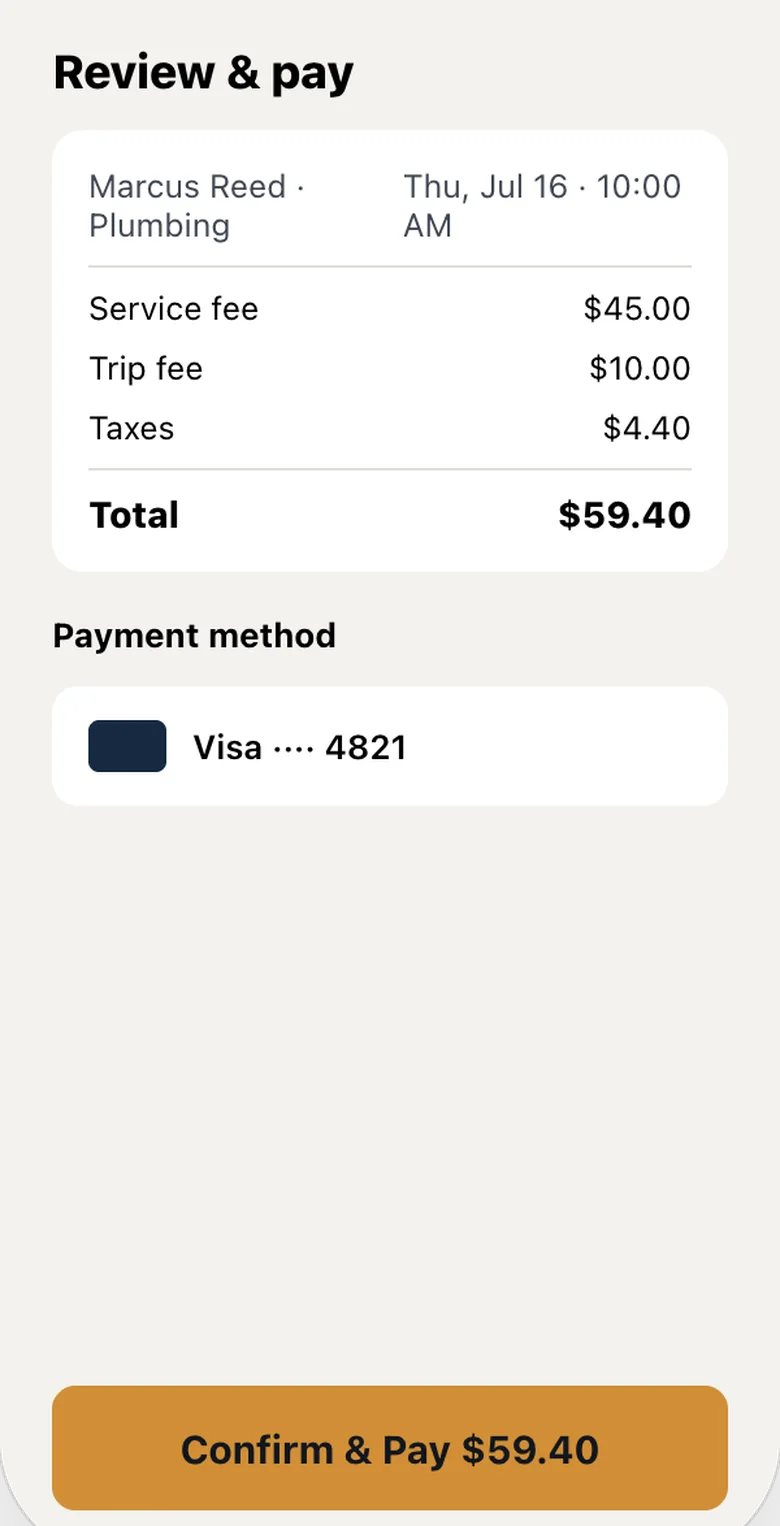 Customer app payment and checkout screen