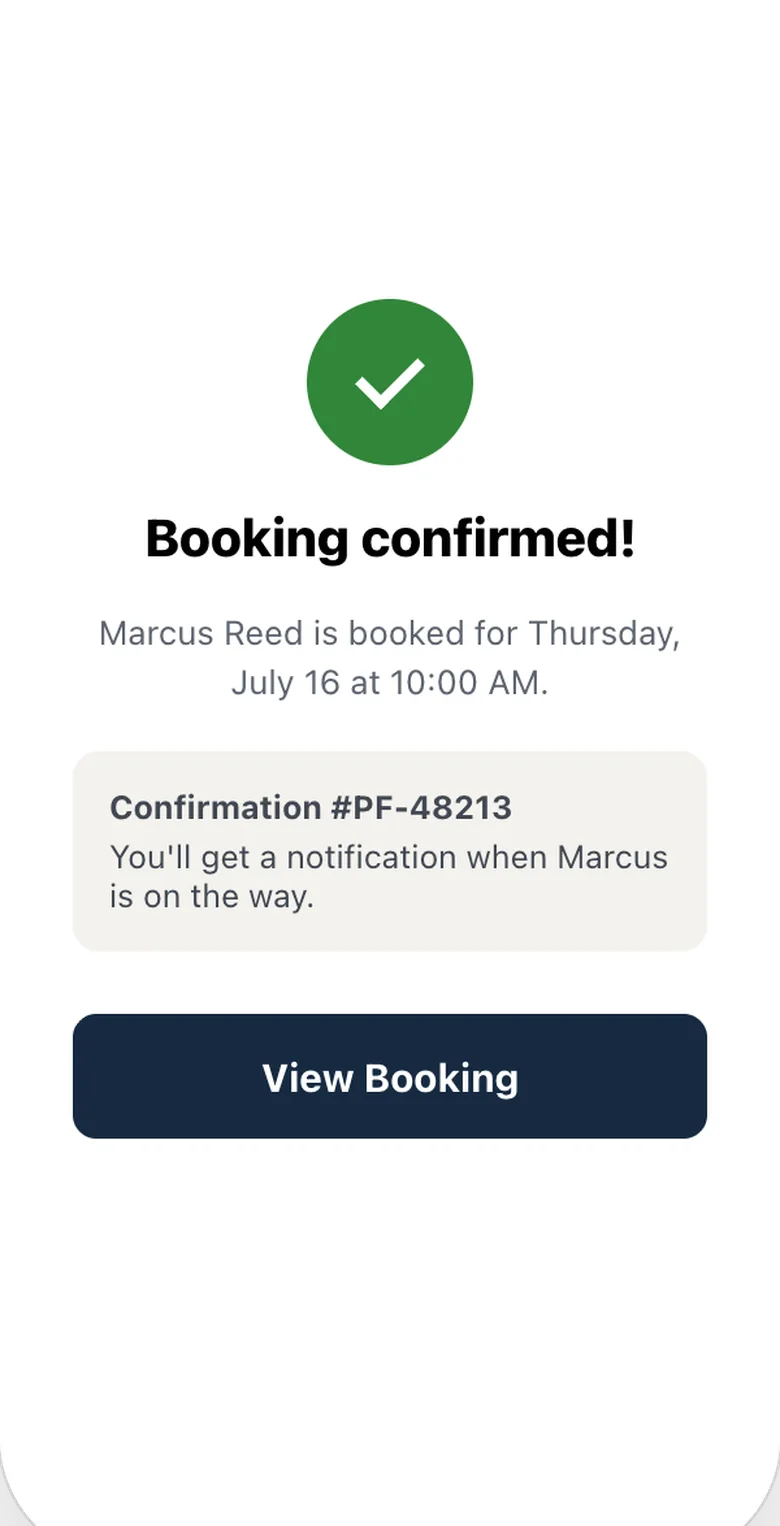 Customer app booking confirmation screen