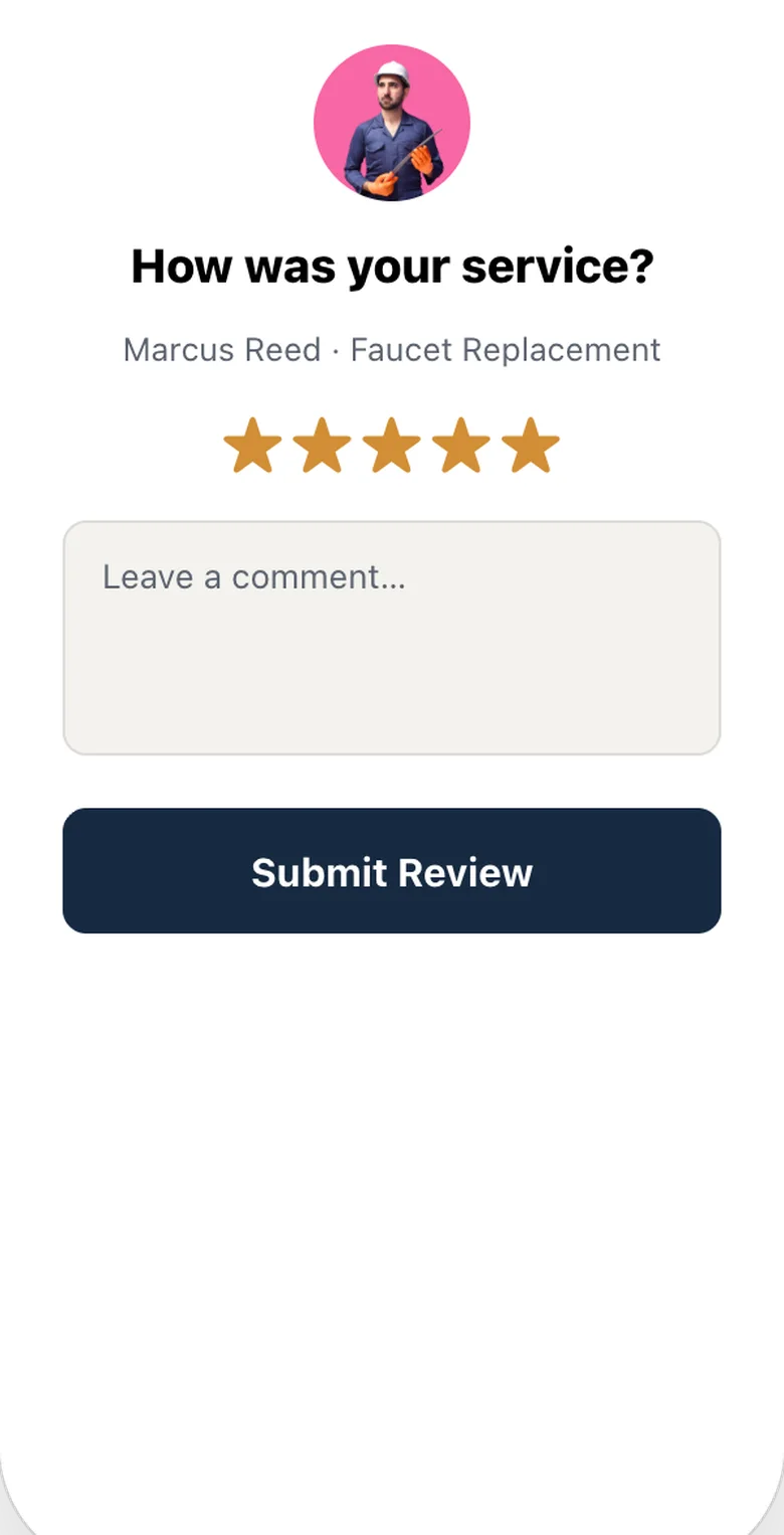 Customer app rate and review screen after job completion