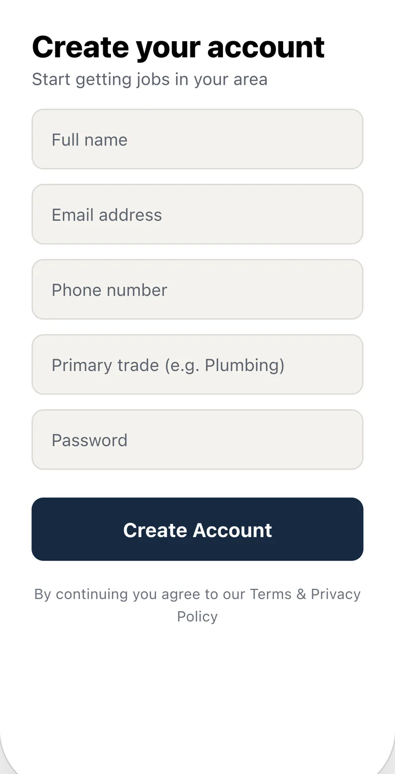 Technician app signup and profile setup