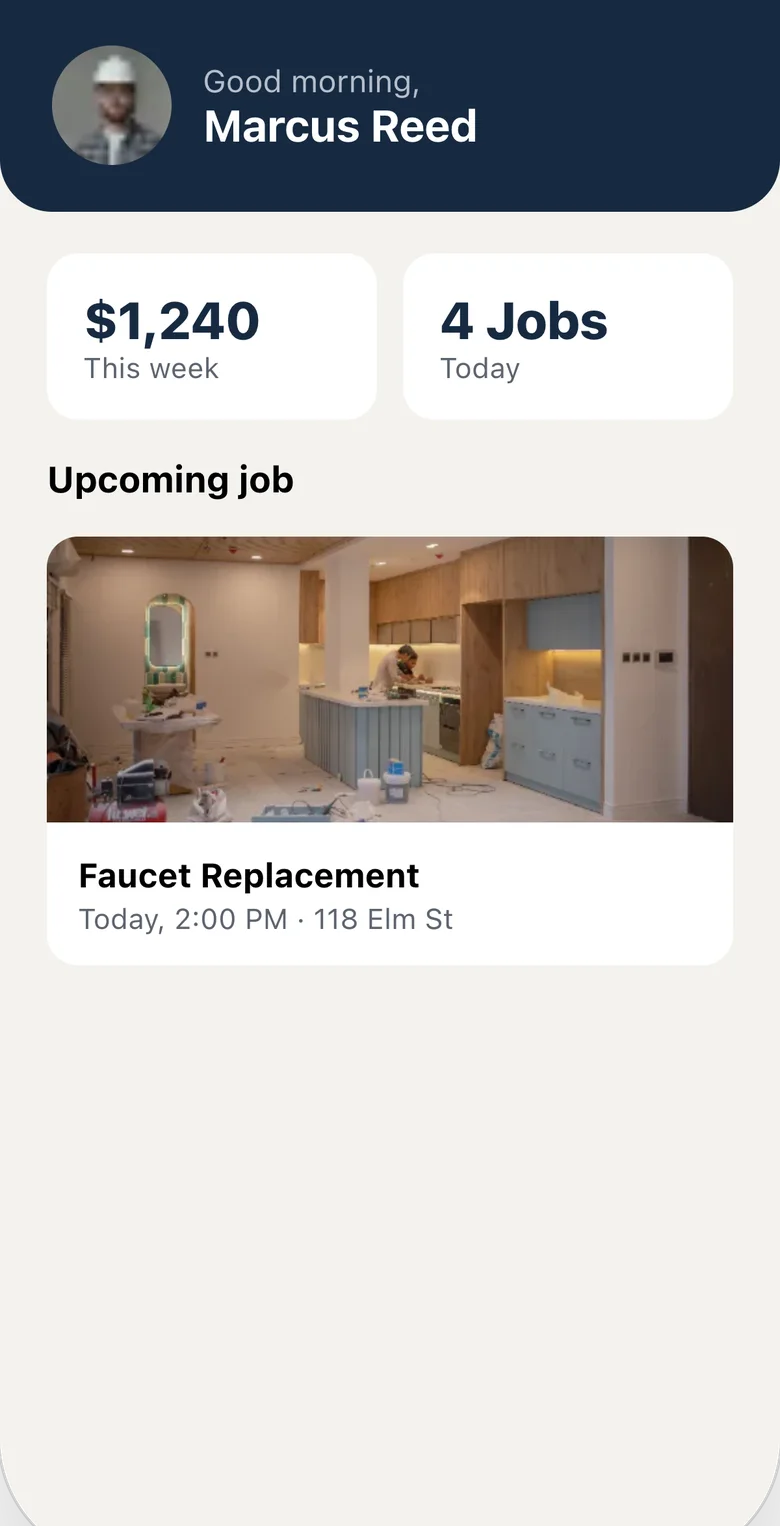 Technician app home dashboard with earnings and upcoming job
