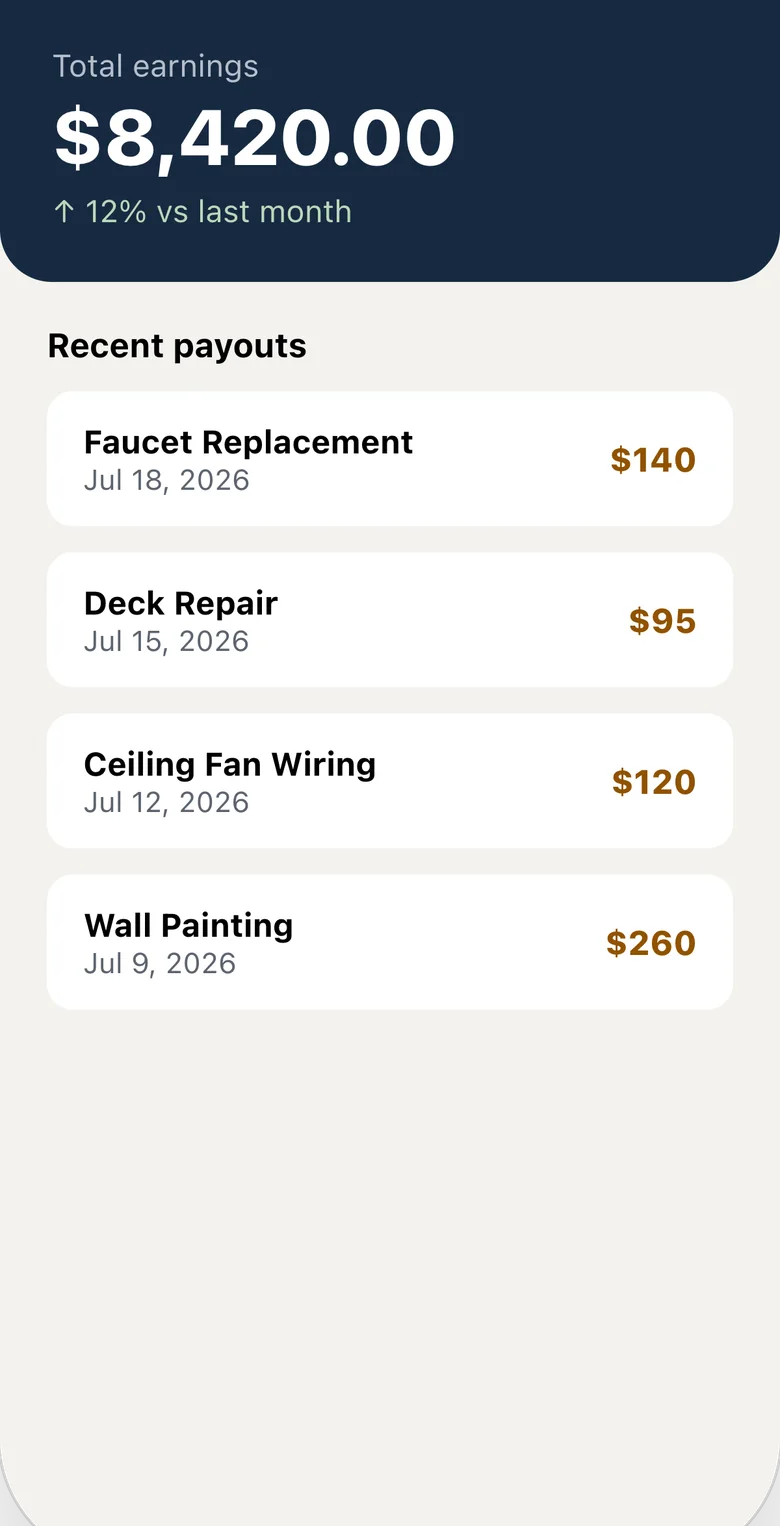 Technician app earnings summary screen
