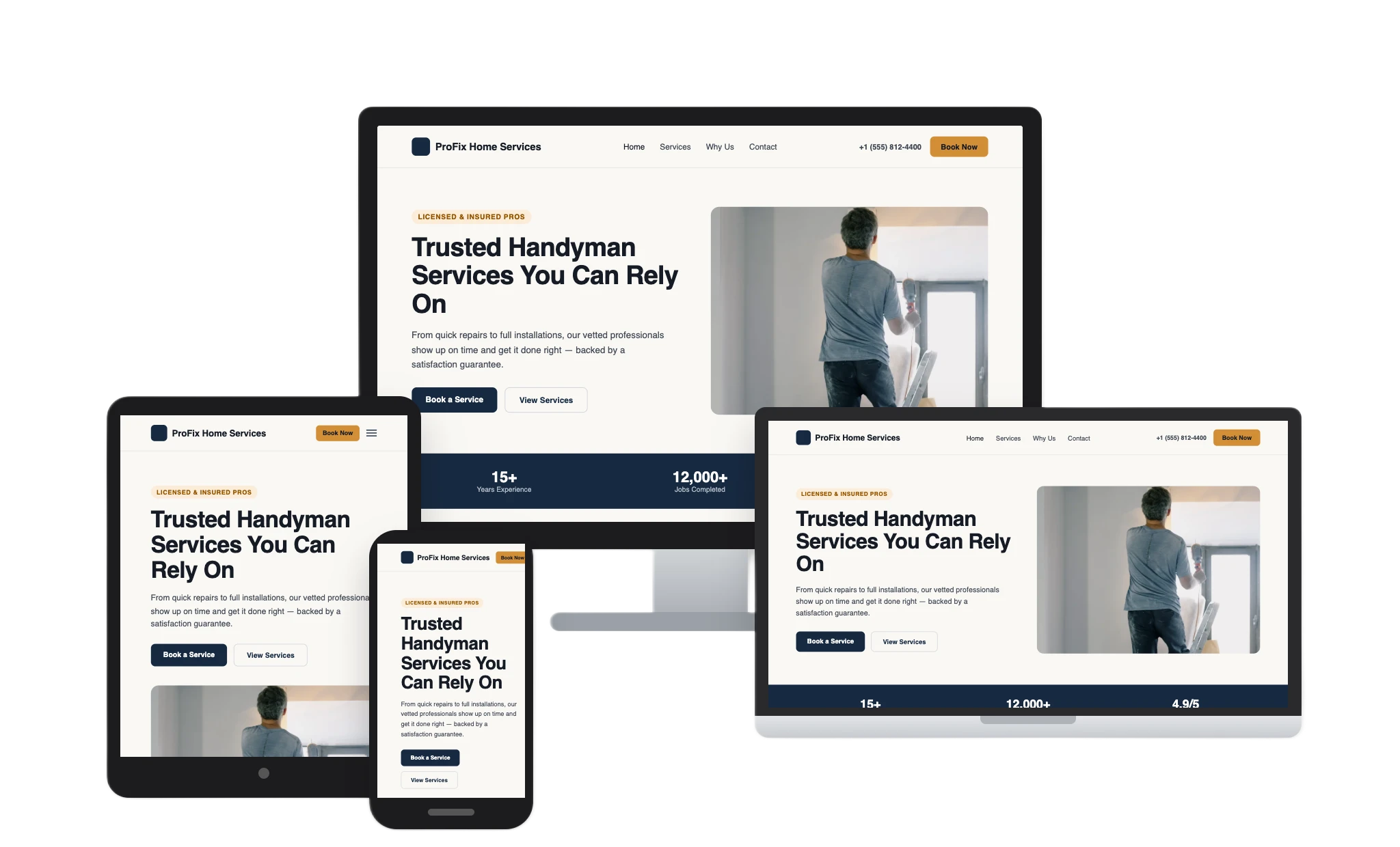 Responsive ProFix home services website shown on desktop, laptop, tablet, and phone