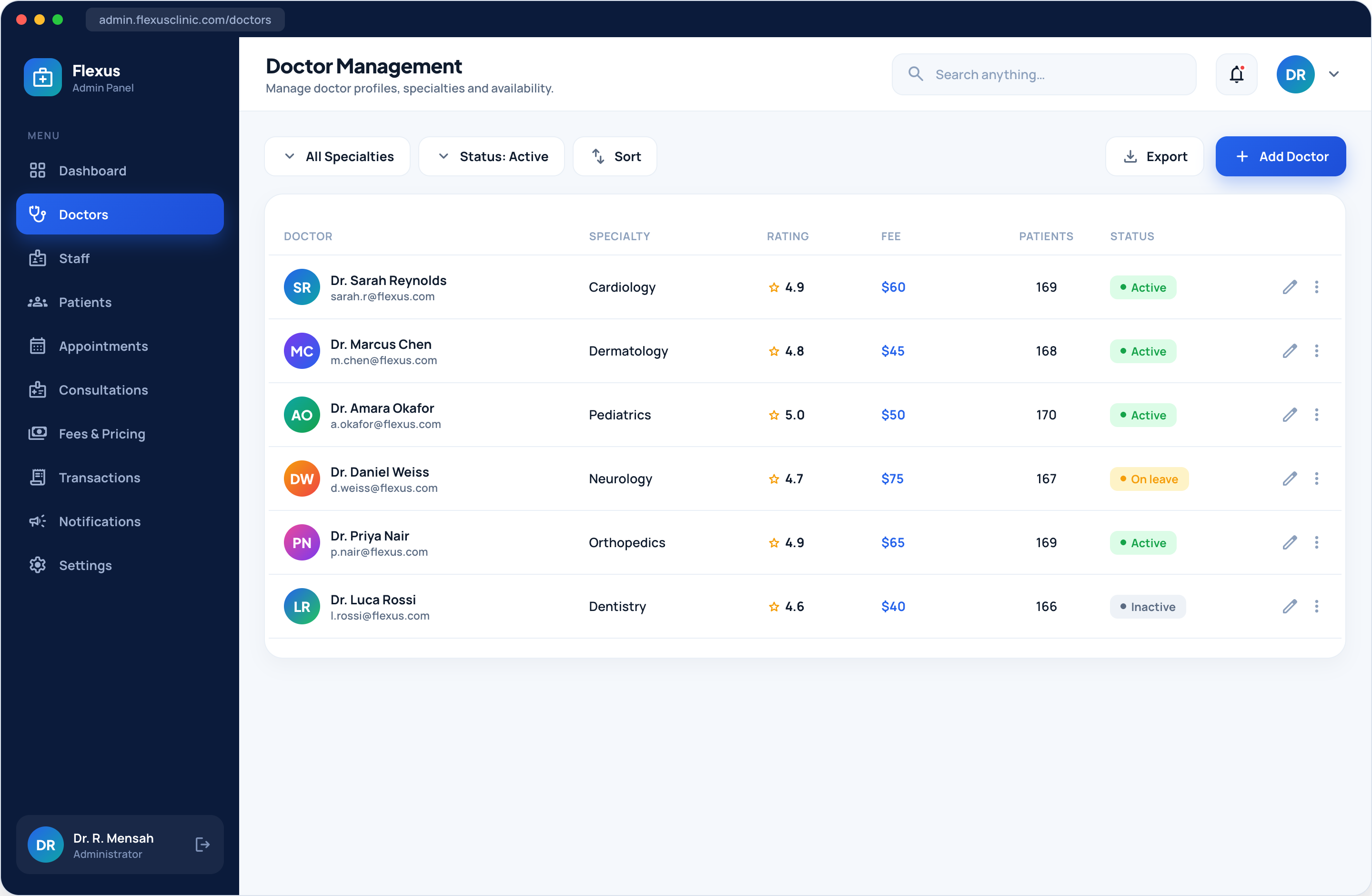 Healthcare clinic admin doctors management screen