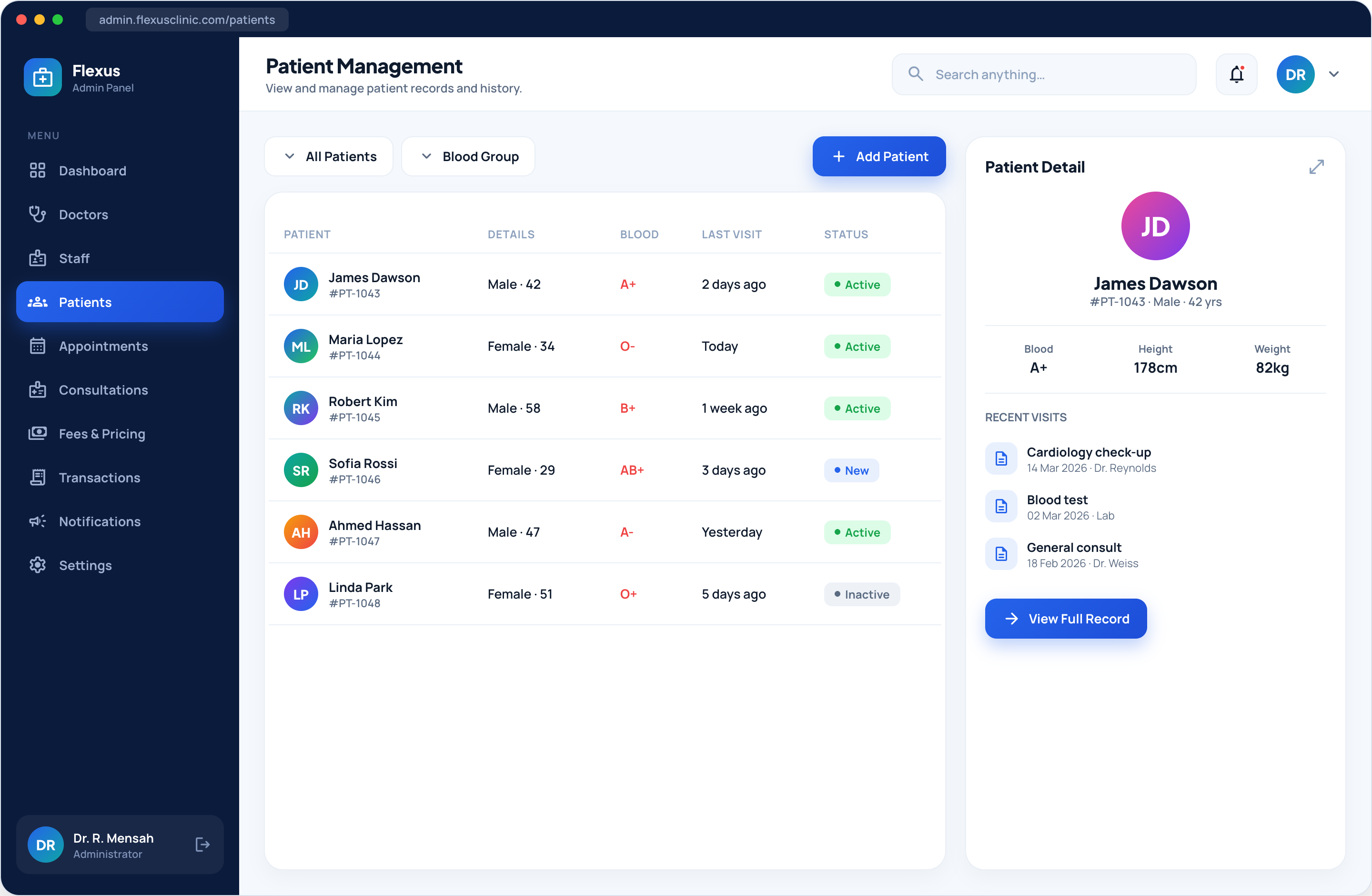 Healthcare clinic admin patients list screen
