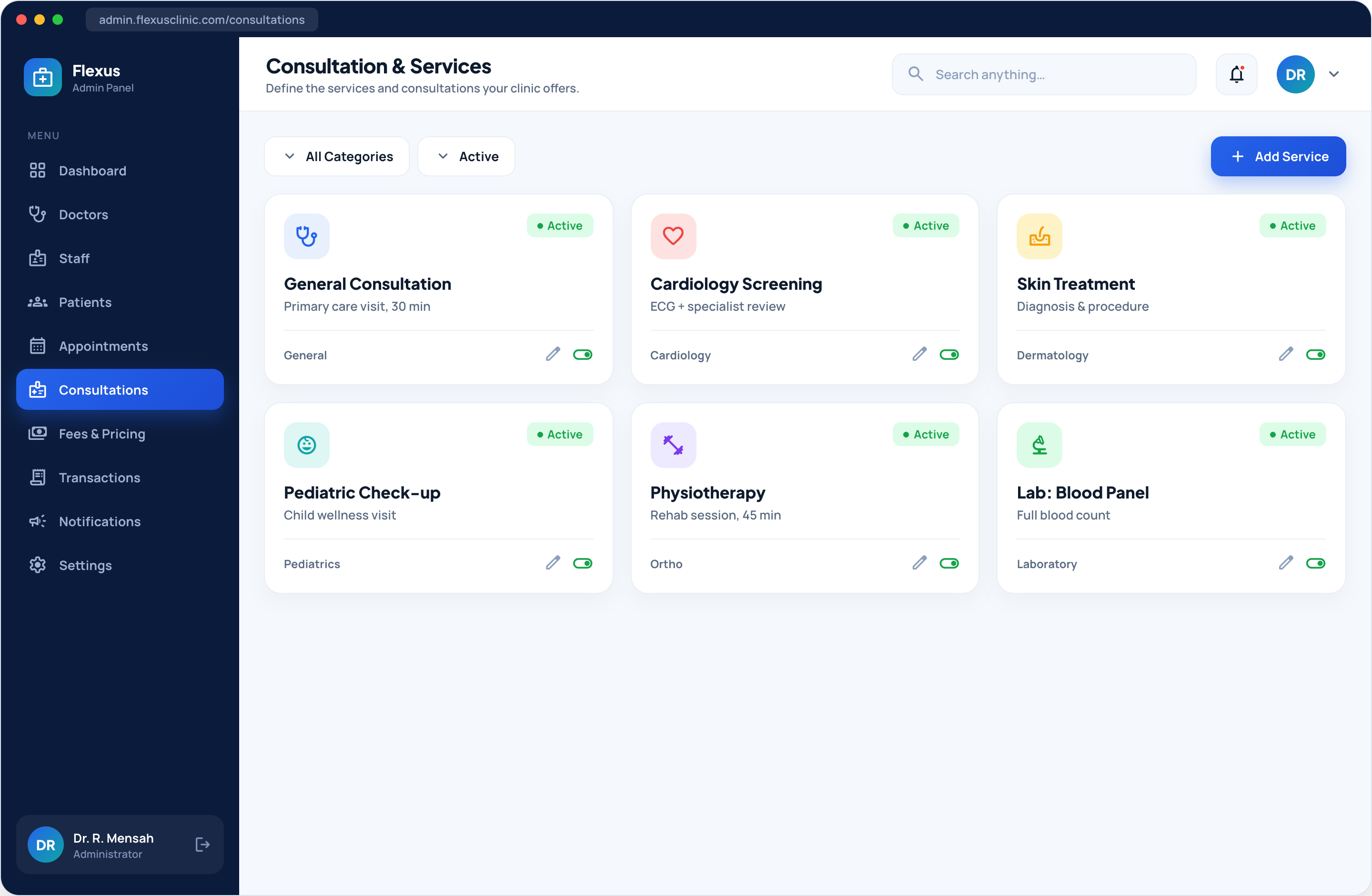 Healthcare clinic admin services catalog screen