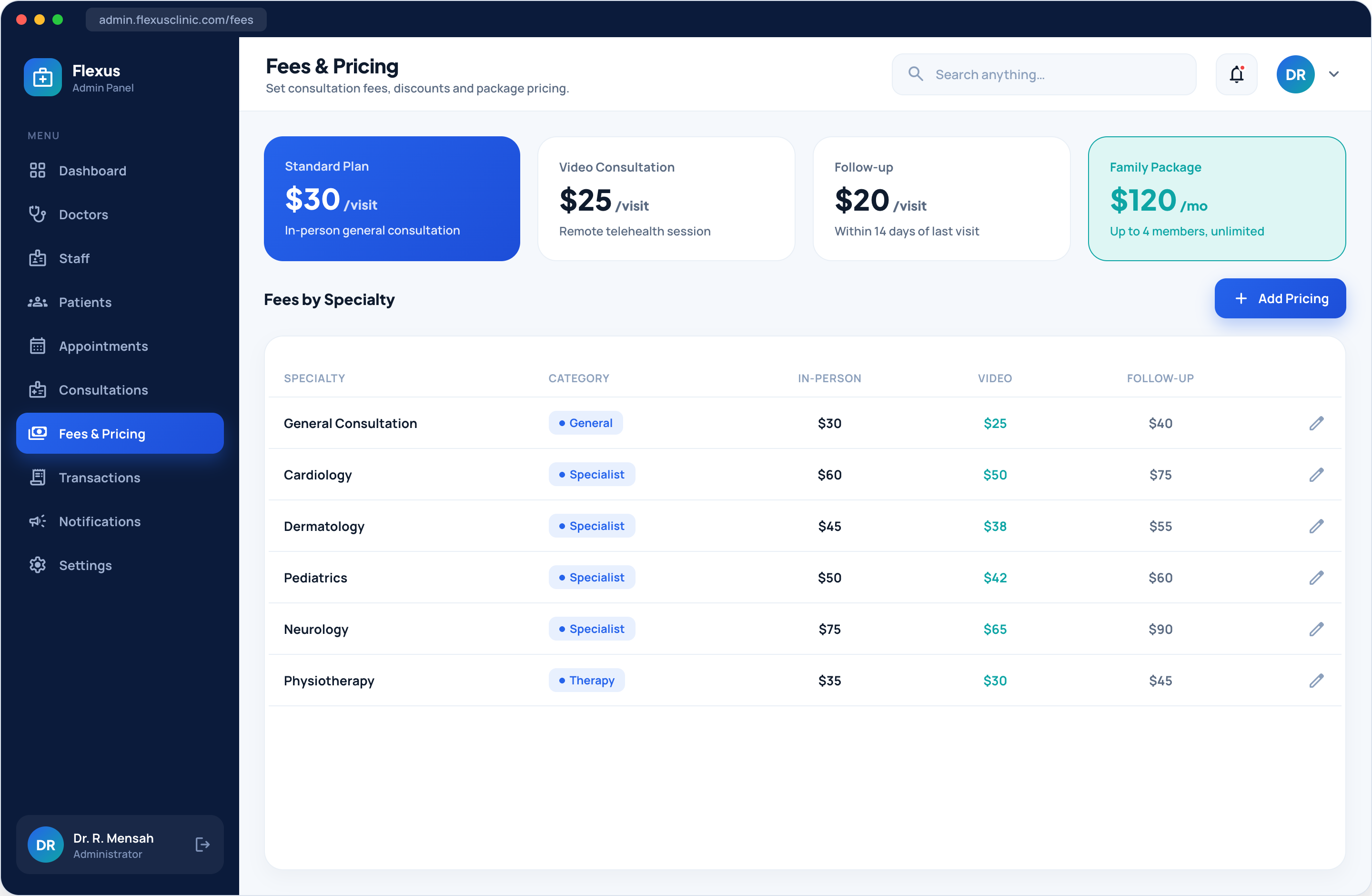 Healthcare clinic admin fees management screen