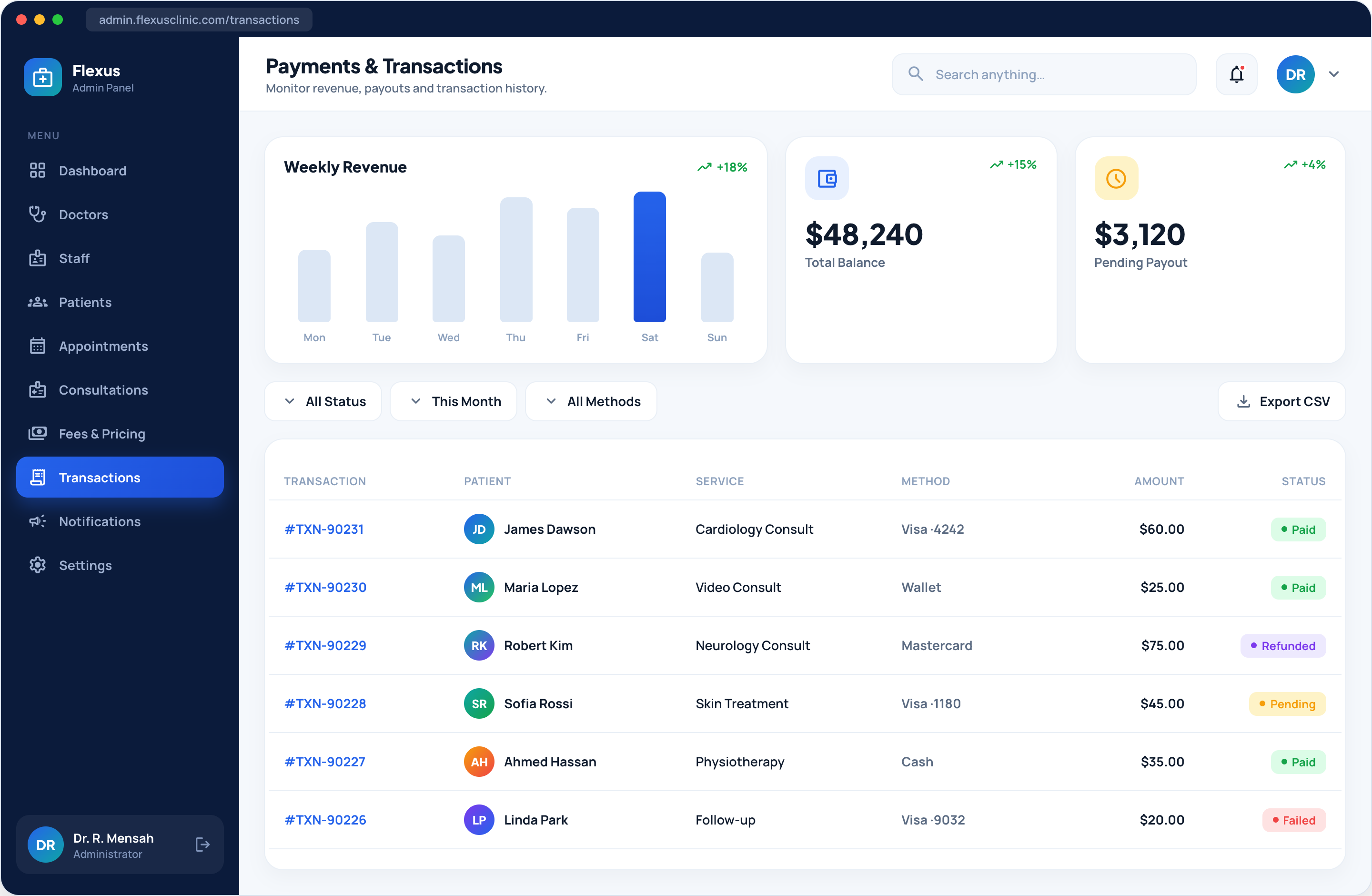 Healthcare clinic admin transactions history screen