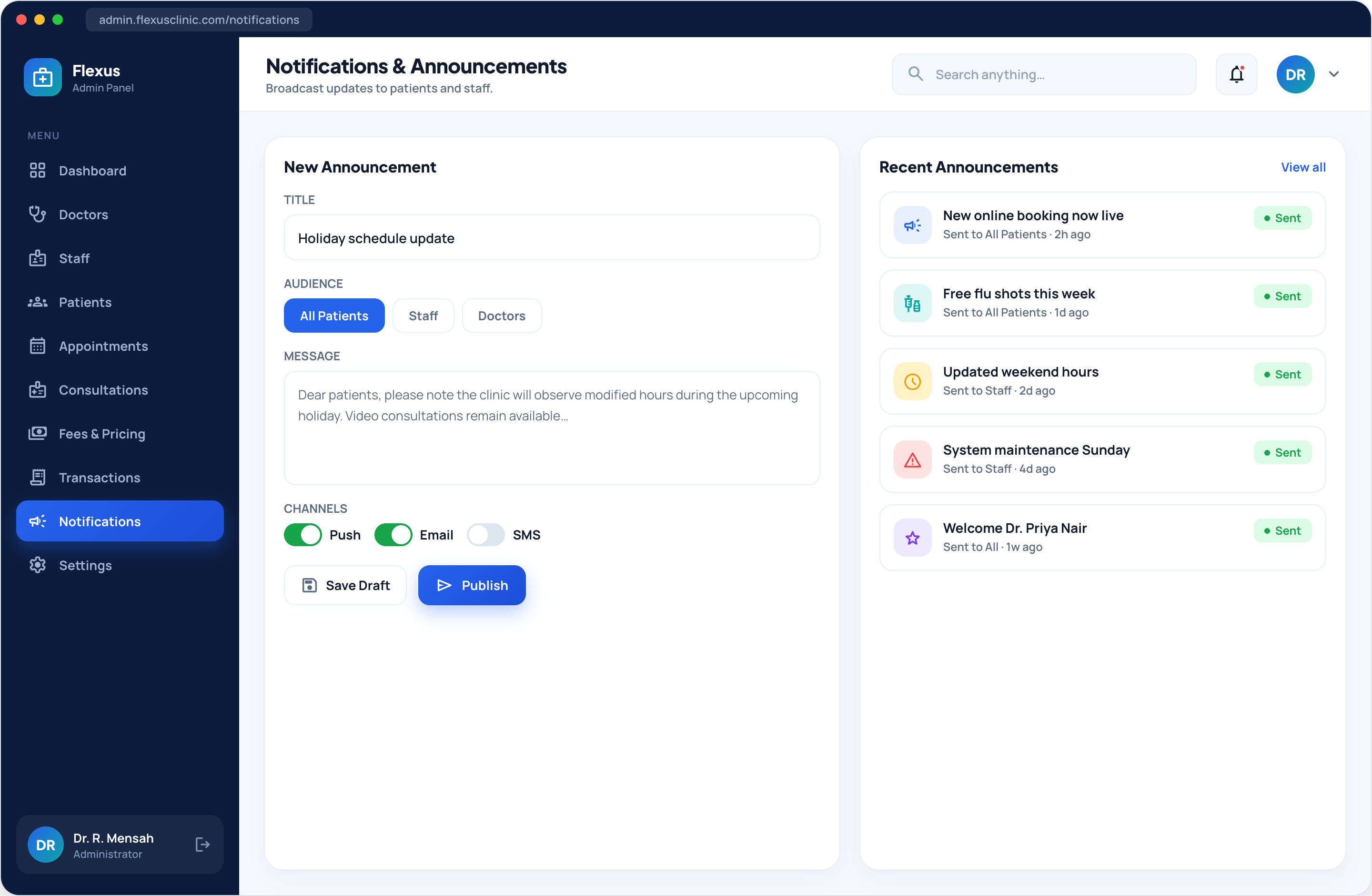 Healthcare clinic admin notifications settings screen
