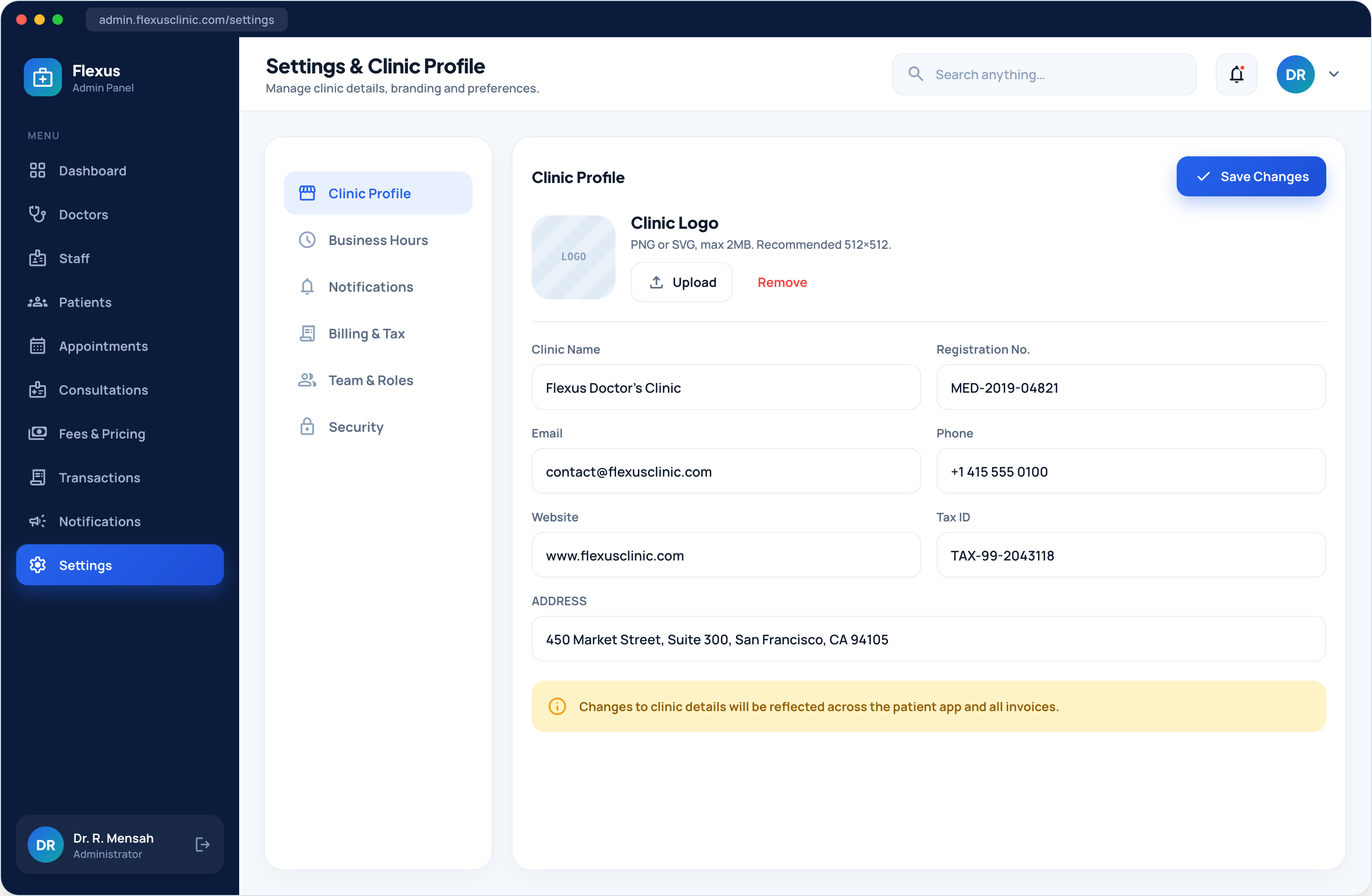 Healthcare clinic admin settings screen