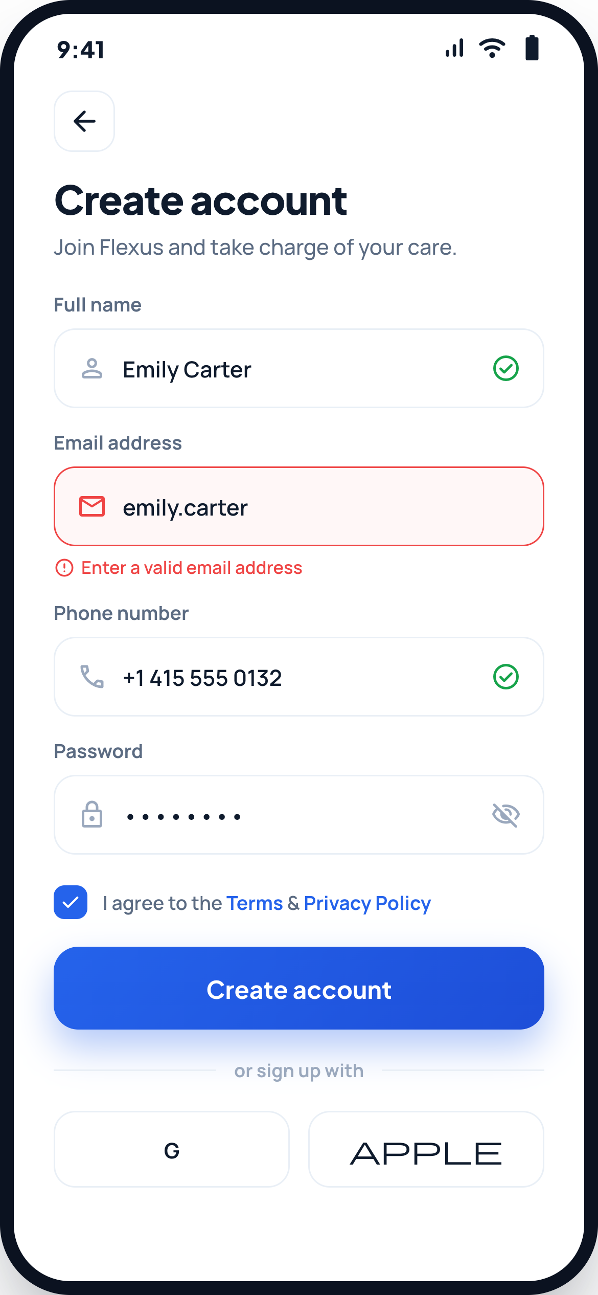 Healthcare patient app signup screen