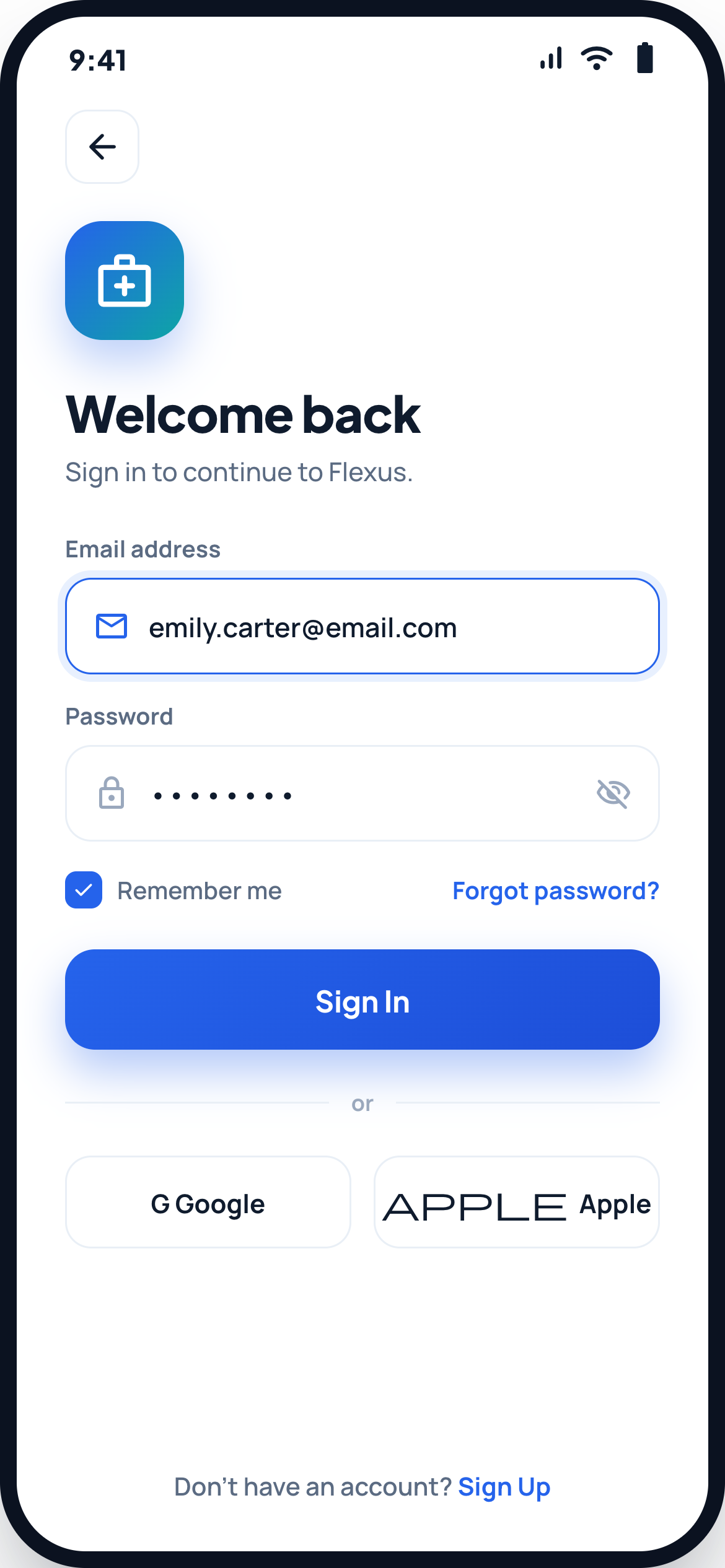 Healthcare patient app sign-in screen