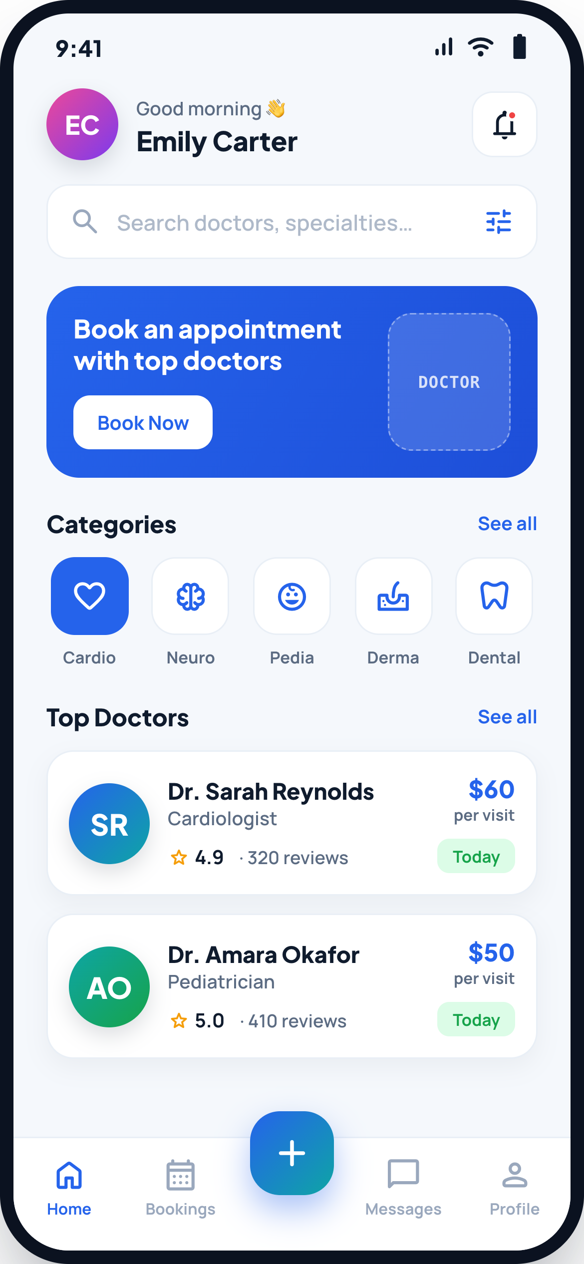Healthcare patient app home dashboard