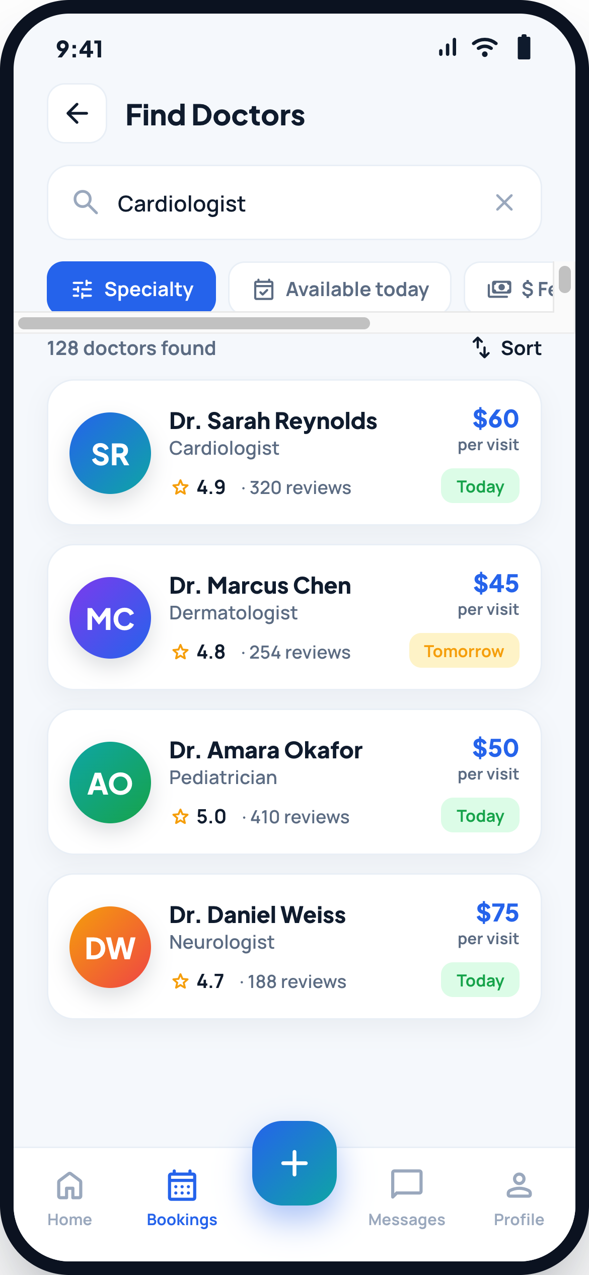 Healthcare patient app doctor search results
