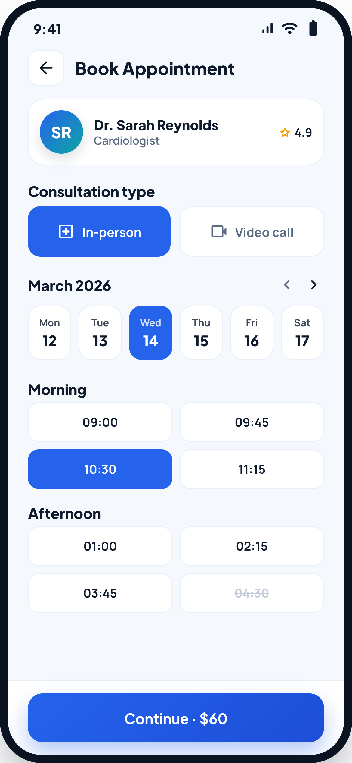 Healthcare patient app appointment booking screen
