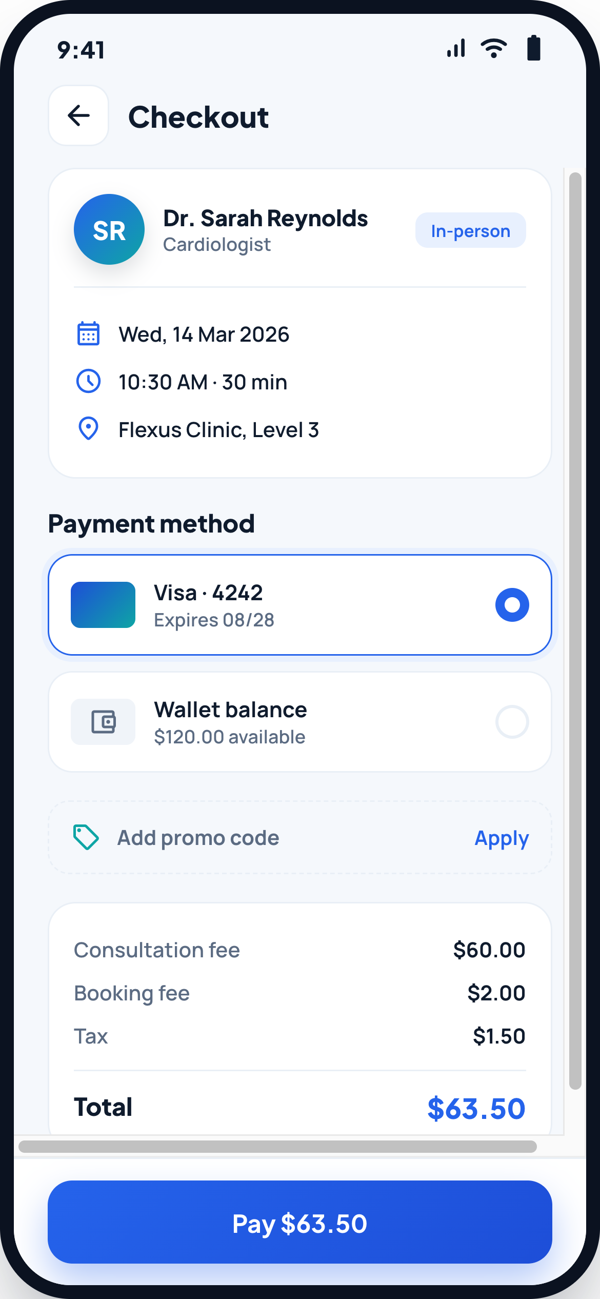 Healthcare patient app checkout and payment screen