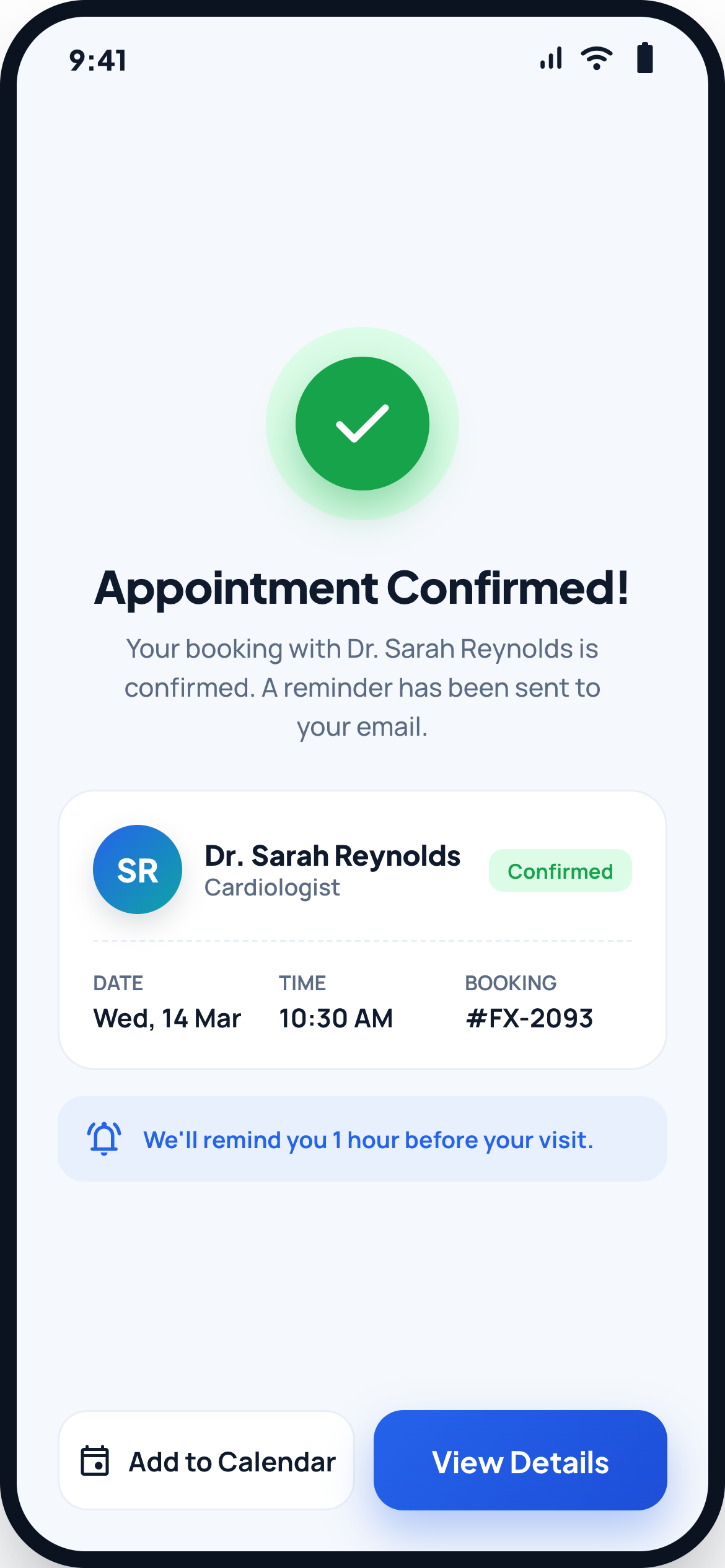 Healthcare patient app booking confirmation screen