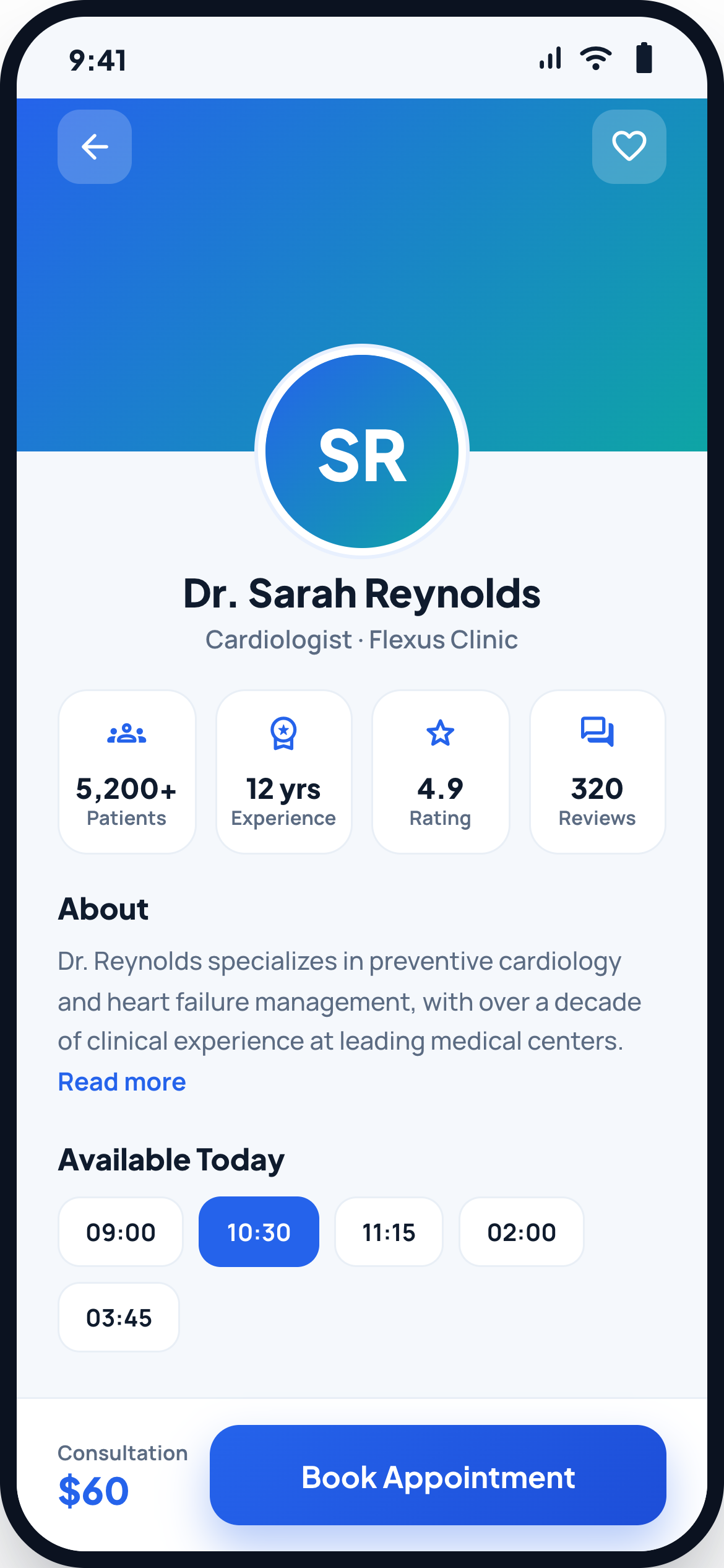 Doctor profile in patient app — availability and book appointment